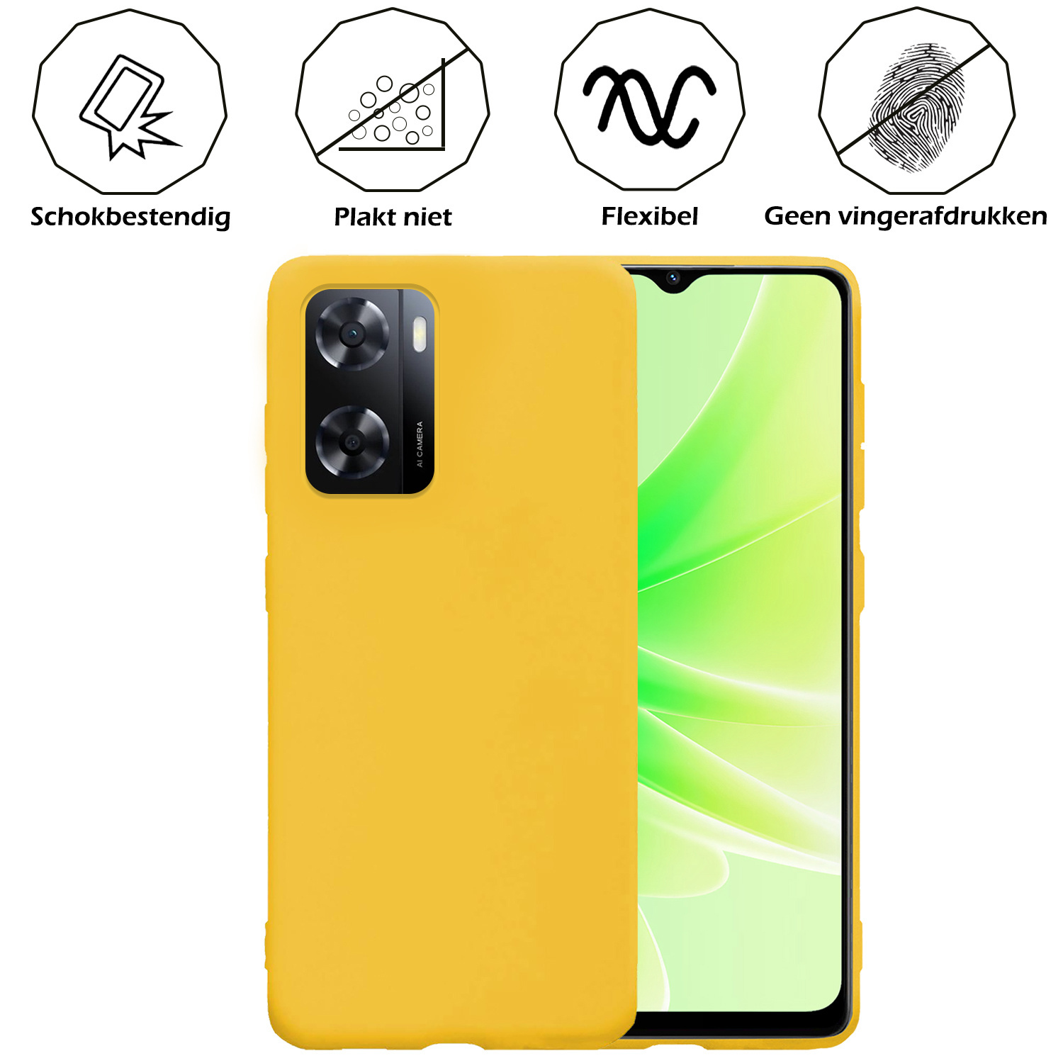 Nomfy Hoesje Geschikt voor OPPO A57s Hoesje Siliconen Cover Case Met 2x Screenprotector - Hoes Geschikt voor OPPO A57s Hoes Back Case - Geel