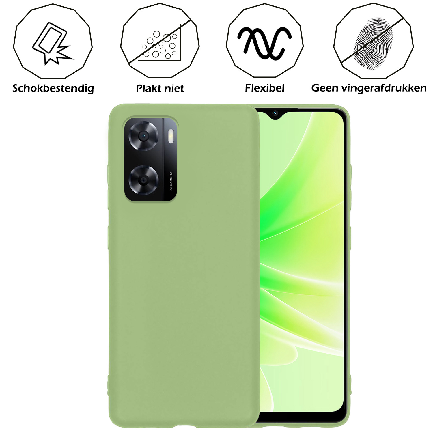 Nomfy Hoesje Geschikt voor OPPO A57s Hoesje Siliconen Cover Case Met 2x Screenprotector - Hoes Geschikt voor OPPO A57s Hoes Back Case - Groen