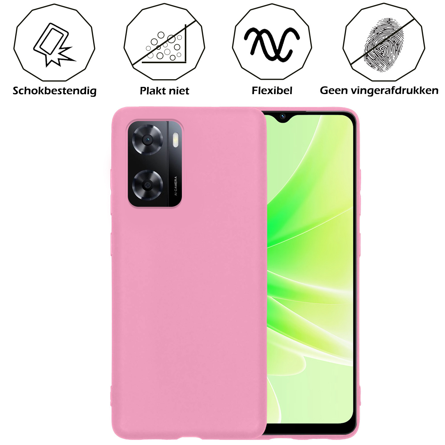 Nomfy Hoesje Geschikt voor OPPO A57s Hoesje Siliconen Cover Case Met 2x Screenprotector - Hoes Geschikt voor OPPO A57s Hoes Back Case - Lichtroze