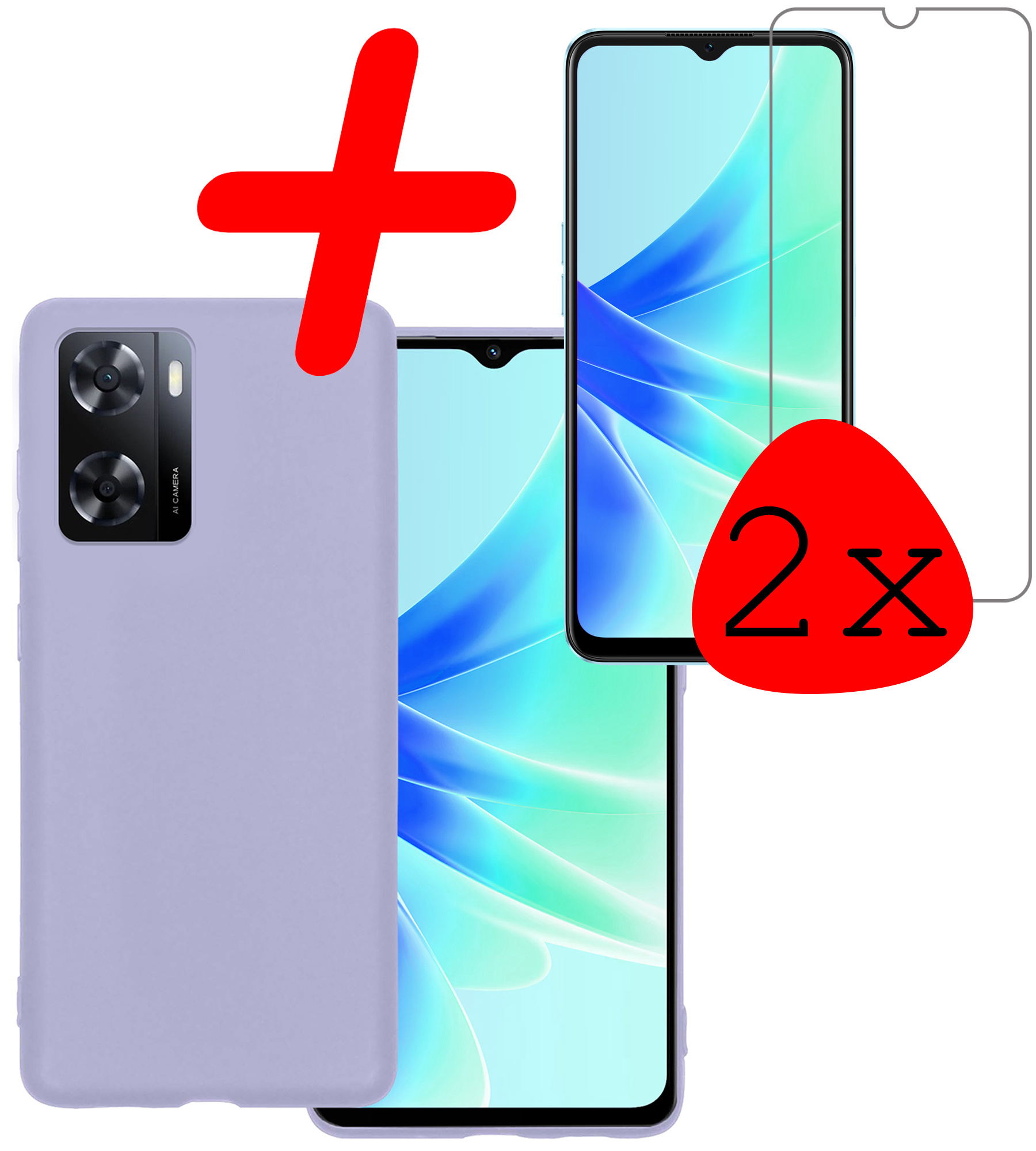 BASEY. Hoes Geschikt voor OPPO A57 Hoesje Siliconen Back Cover Case Met 2x Screenprotector - Hoesje Geschikt voor OPPO A57 Hoes Cover Hoesje - Lila