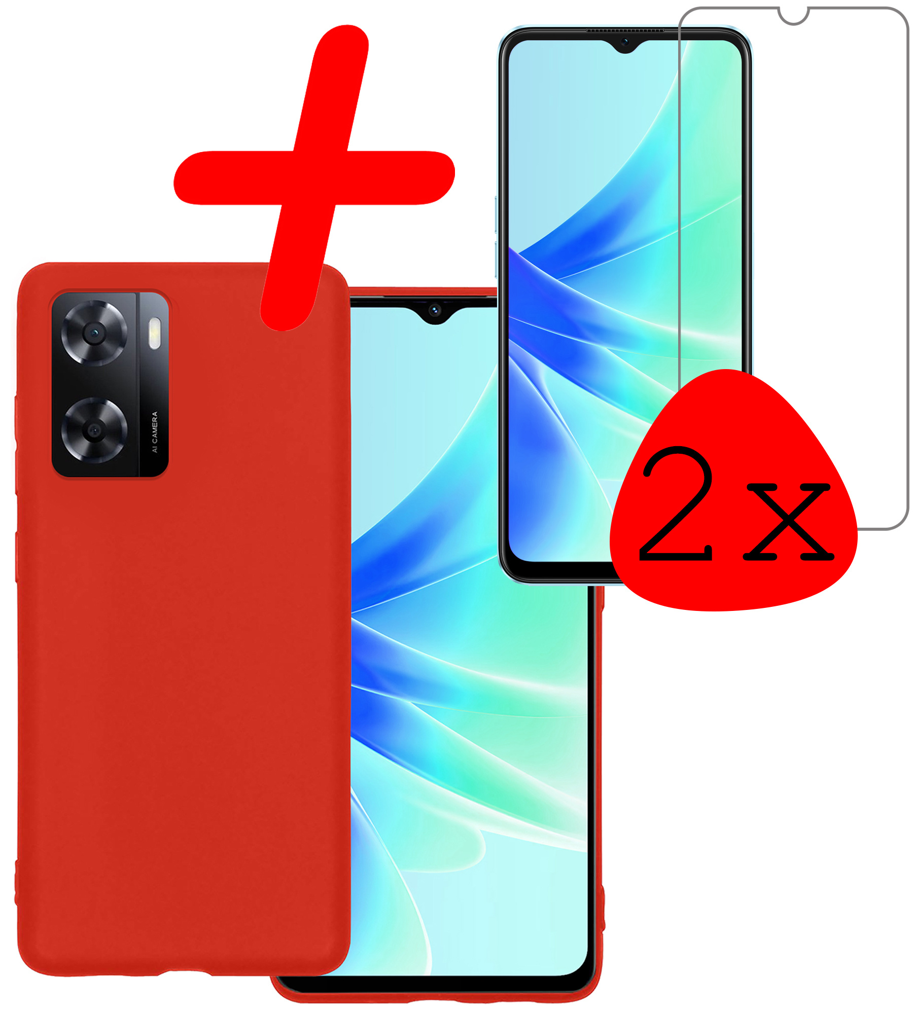 BASEY. Hoes Geschikt voor OPPO A57 Hoesje Siliconen Back Cover Case Met 2x Screenprotector - Hoesje Geschikt voor OPPO A57 Hoes Cover Hoesje - Rood