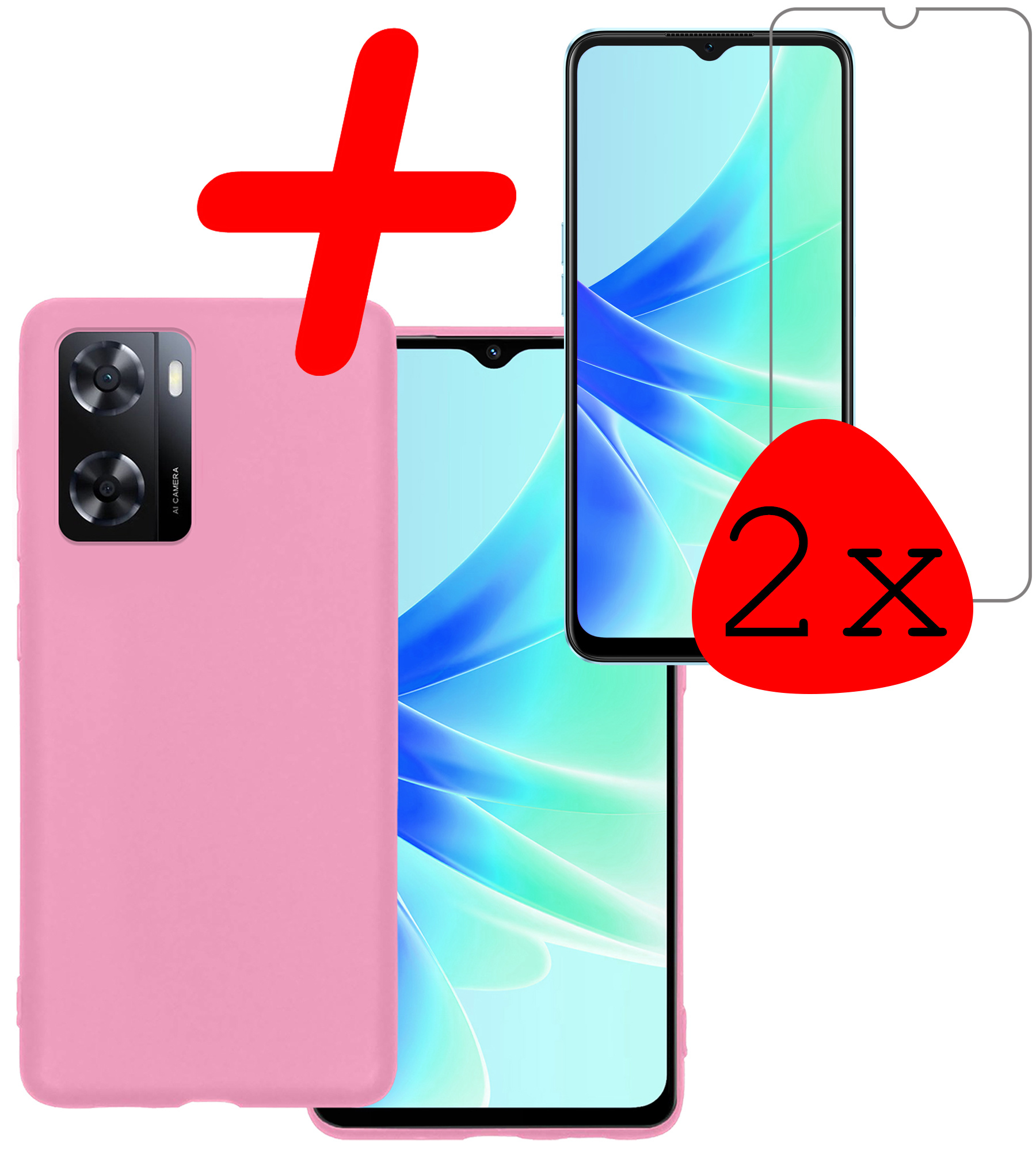 BASEY. Hoes Geschikt voor OPPO A57 Hoesje Siliconen Back Cover Case Met 2x Screenprotector - Hoesje Geschikt voor OPPO A57 Hoes Cover Hoesje - Lichtroze