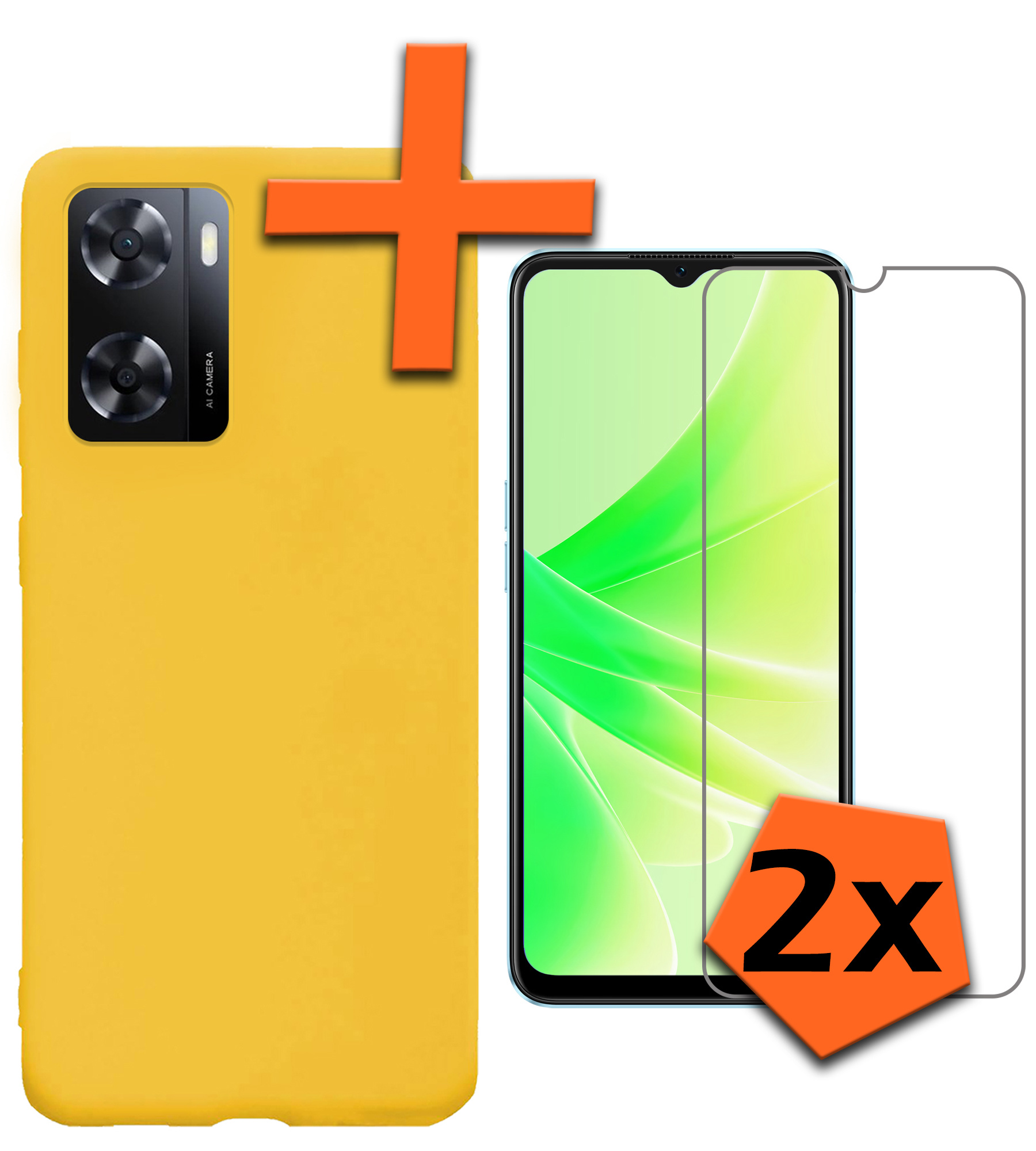 Nomfy Hoesje Geschikt voor OPPO A57 Hoesje Siliconen Cover Case Met 2x Screenprotector - Hoes Geschikt voor OPPO A57 Hoes Back Case - Geel