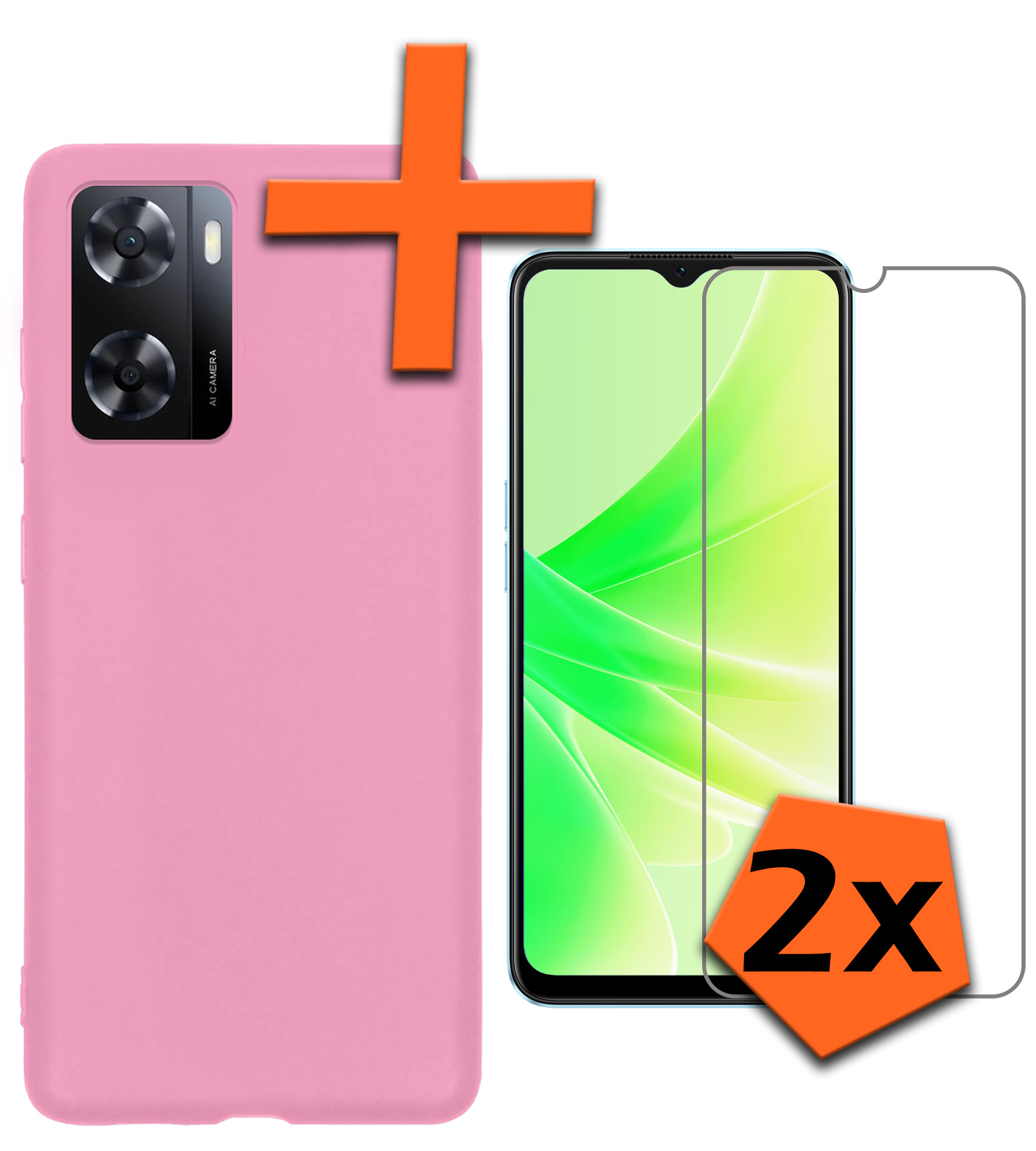 Nomfy Hoesje Geschikt voor OPPO A57 Hoesje Siliconen Cover Case Met 2x Screenprotector - Hoes Geschikt voor OPPO A57 Hoes Back Case - Lichtroze