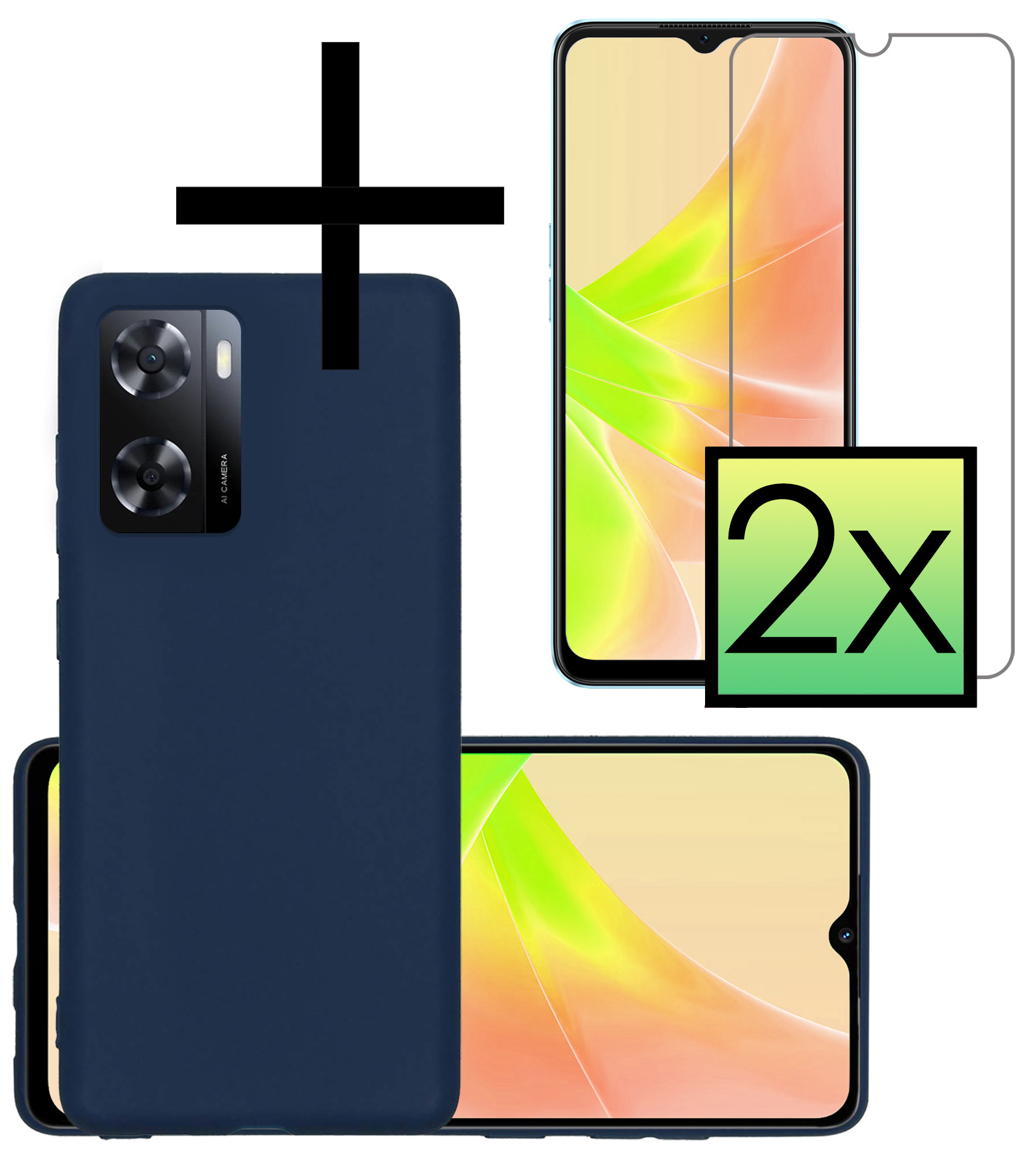 NoXx Hoes Geschikt voor OPPO A57 Hoesje Cover Siliconen Back Case Hoes Met 2x Screenprotector - Donkerblauw