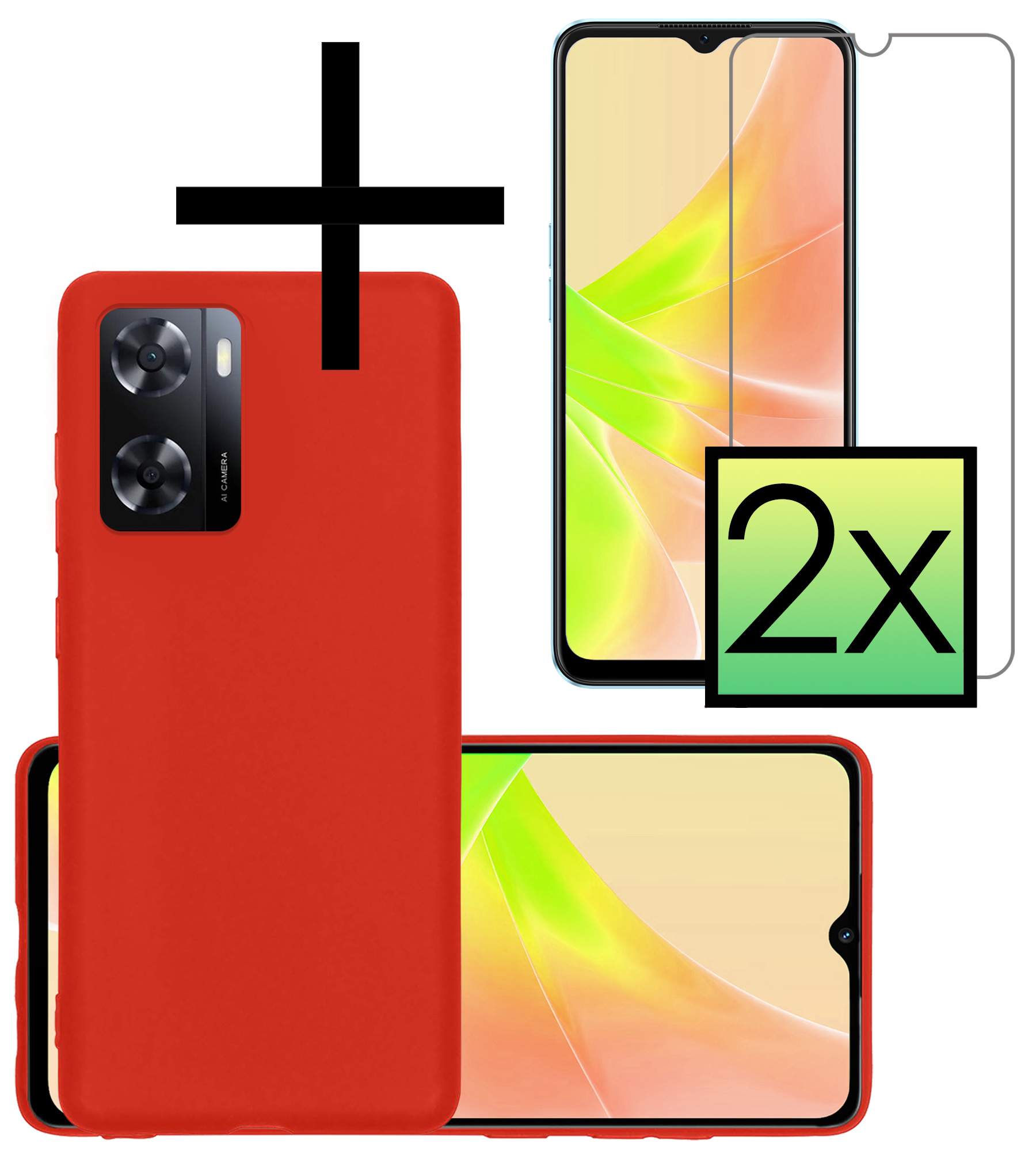 NoXx Hoes Geschikt voor OPPO A57 Hoesje Cover Siliconen Back Case Hoes Met 2x Screenprotector - Rood