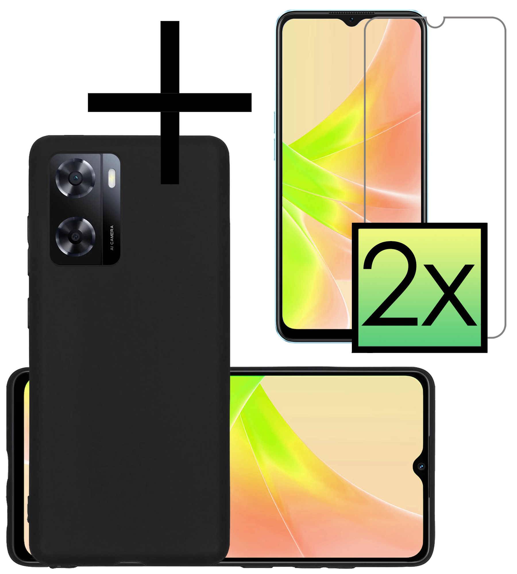 NoXx Hoes Geschikt voor OPPO A57 Hoesje Cover Siliconen Back Case Hoes Met 2x Screenprotector - Zwart