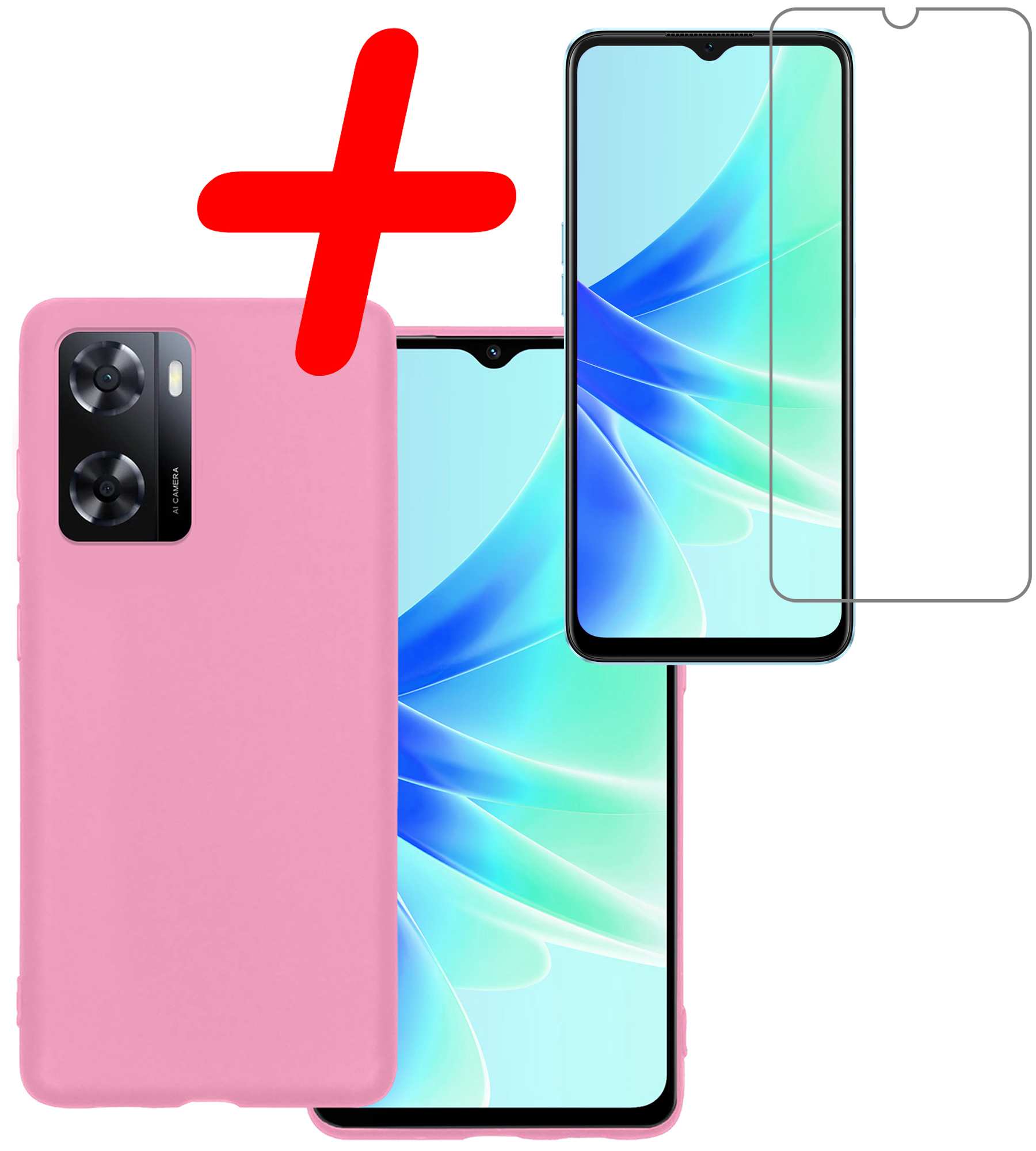 BASEY. Hoes Geschikt voor OPPO A57s Hoesje Siliconen Back Cover Case Met Screenprotector - Hoesje Geschikt voor OPPO A57s Hoes Cover Hoesje - Lichtroze