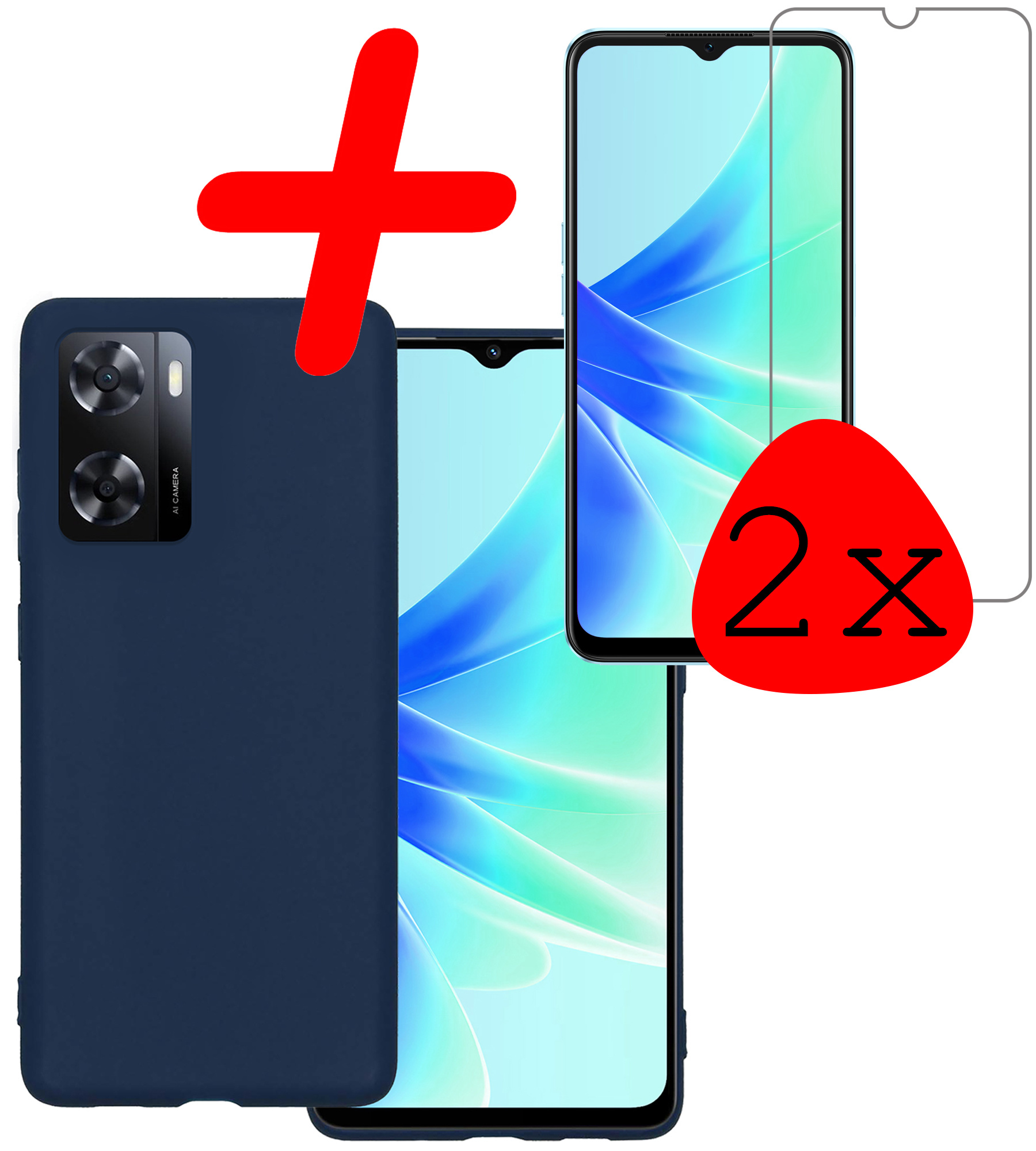 BASEY. Hoes Geschikt voor OPPO A57s Hoesje Siliconen Back Cover Case Met 2x Screenprotector - Hoesje Geschikt voor OPPO A57s Hoes Cover Hoesje - Donkerblauw