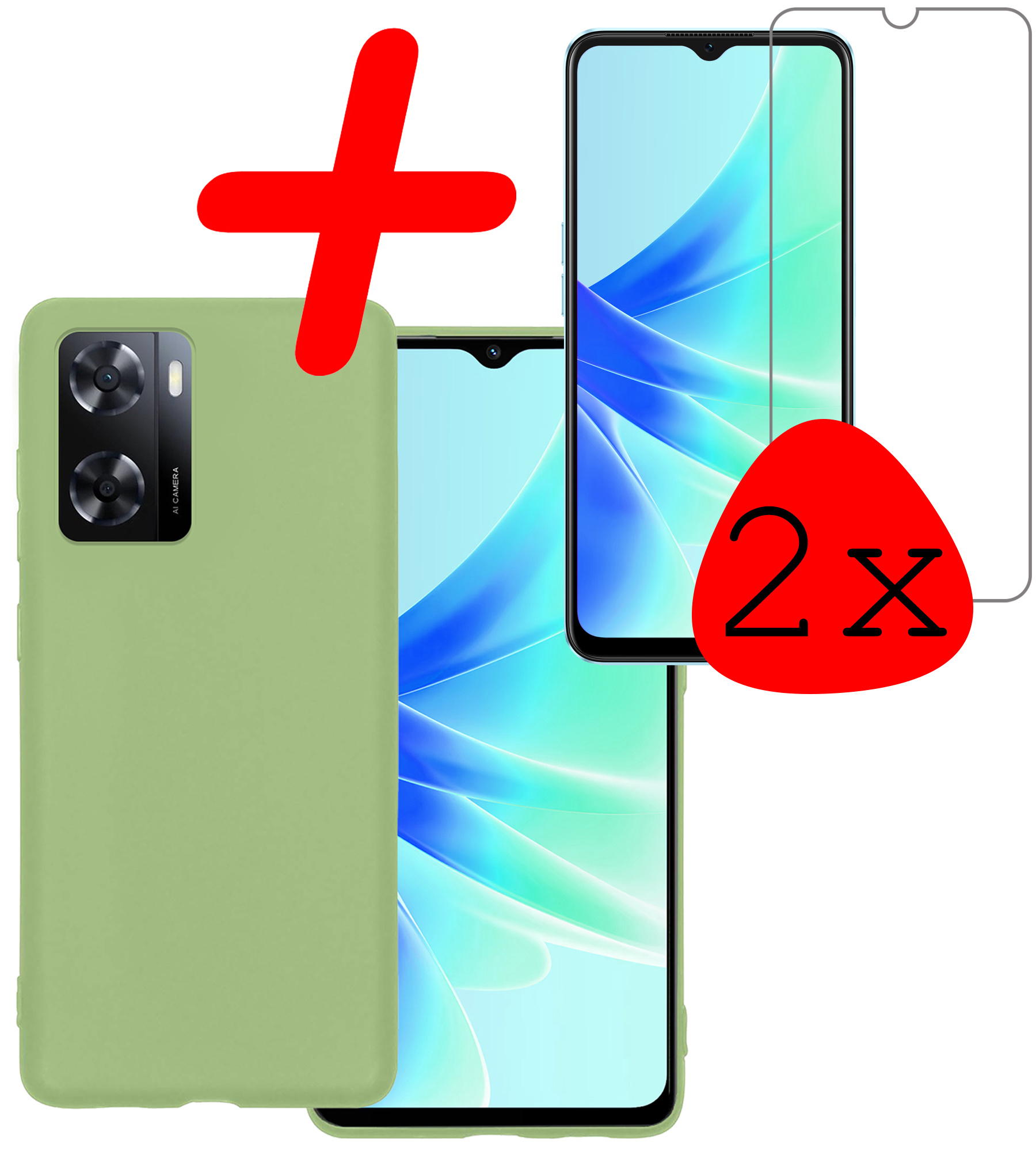 BASEY. Hoes Geschikt voor OPPO A57s Hoesje Siliconen Back Cover Case Met 2x Screenprotector - Hoesje Geschikt voor OPPO A57s Hoes Cover Hoesje - Groen