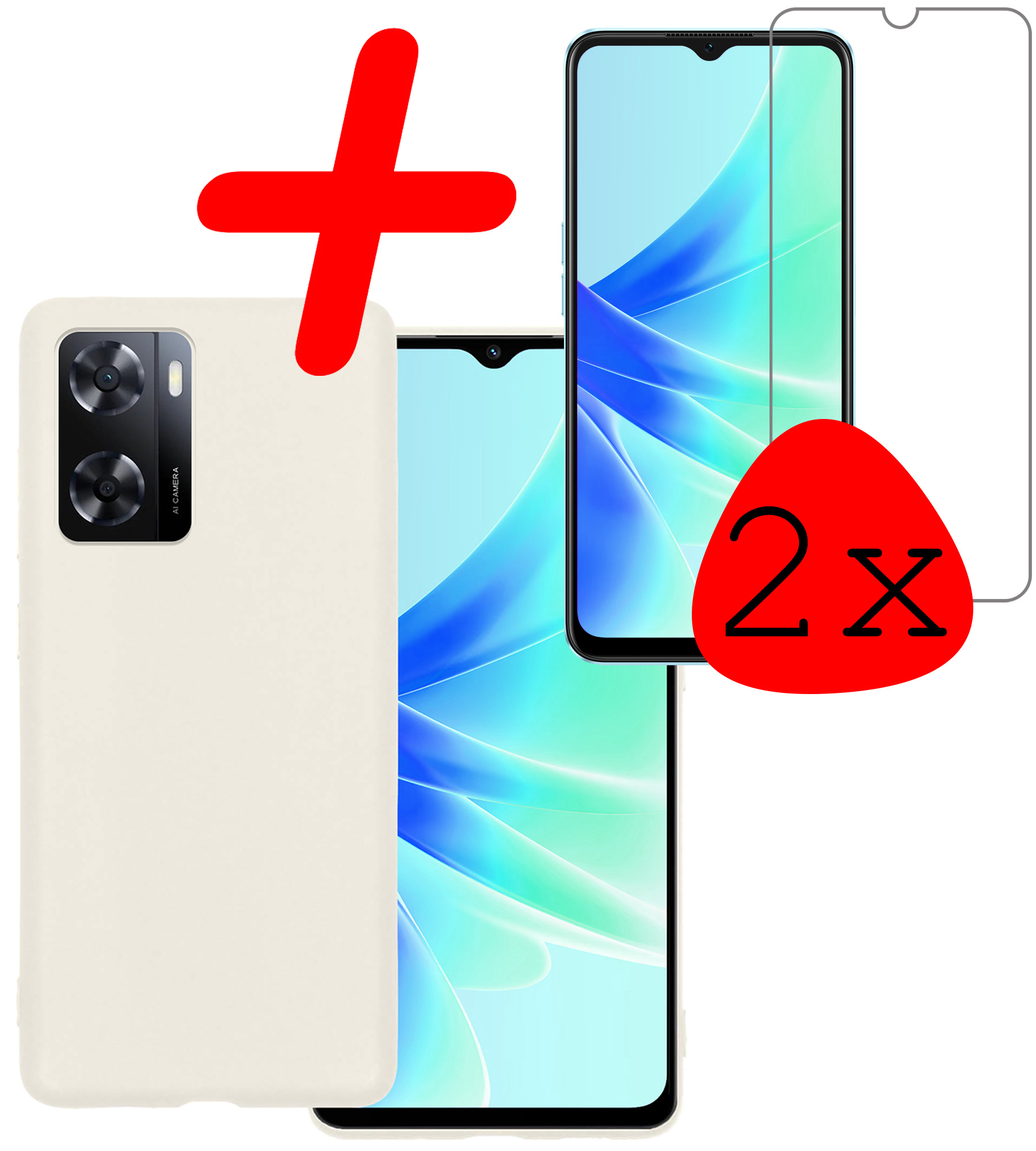 BASEY. Hoes Geschikt voor OPPO A57s Hoesje Siliconen Back Cover Case Met 2x Screenprotector - Hoesje Geschikt voor OPPO A57s Hoes Cover Hoesje - Wit