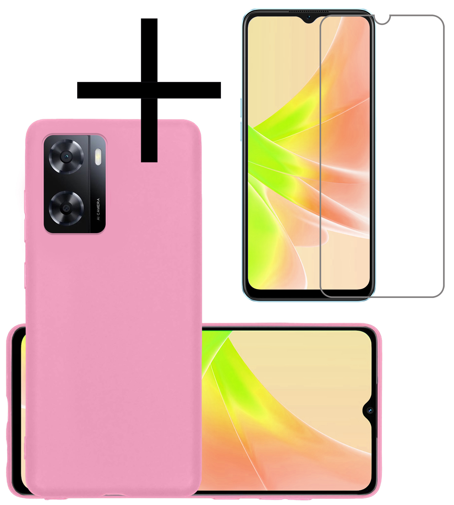 NoXx Hoes Geschikt voor OPPO A57s Hoesje Cover Siliconen Back Case Hoes Met Screenprotector - Lichtroze