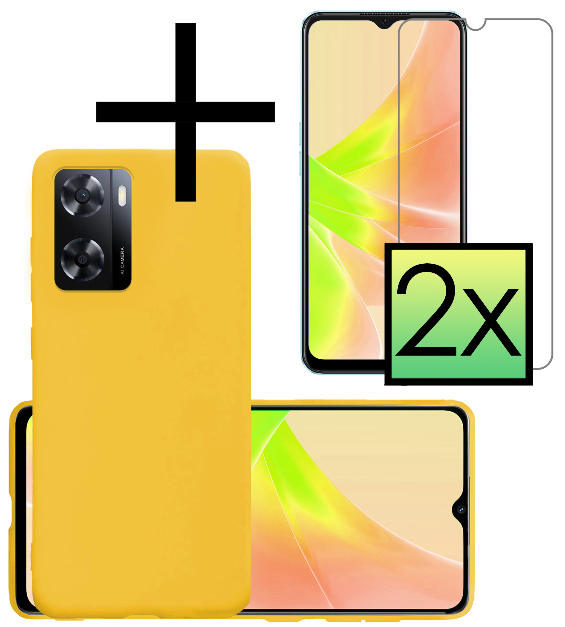 NoXx Hoes Geschikt voor OPPO A57s Hoesje Cover Siliconen Back Case Hoes Met 2x Screenprotector - Geel