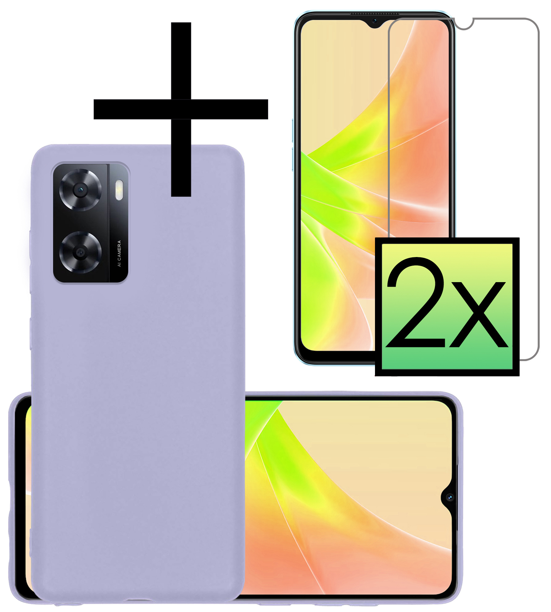 NoXx Hoes Geschikt voor OPPO A57s Hoesje Cover Siliconen Back Case Hoes Met 2x Screenprotector - Lila