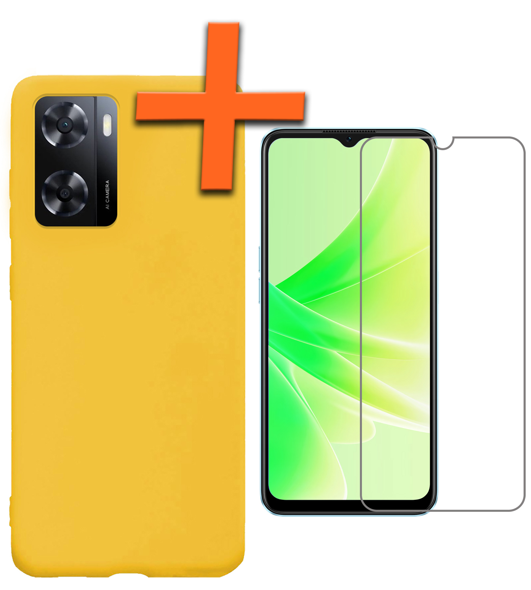 Nomfy Hoesje Geschikt voor OPPO A57s Hoesje Siliconen Cover Case Met Screenprotector - Hoes Geschikt voor OPPO A57s Hoes Back Case - Geel