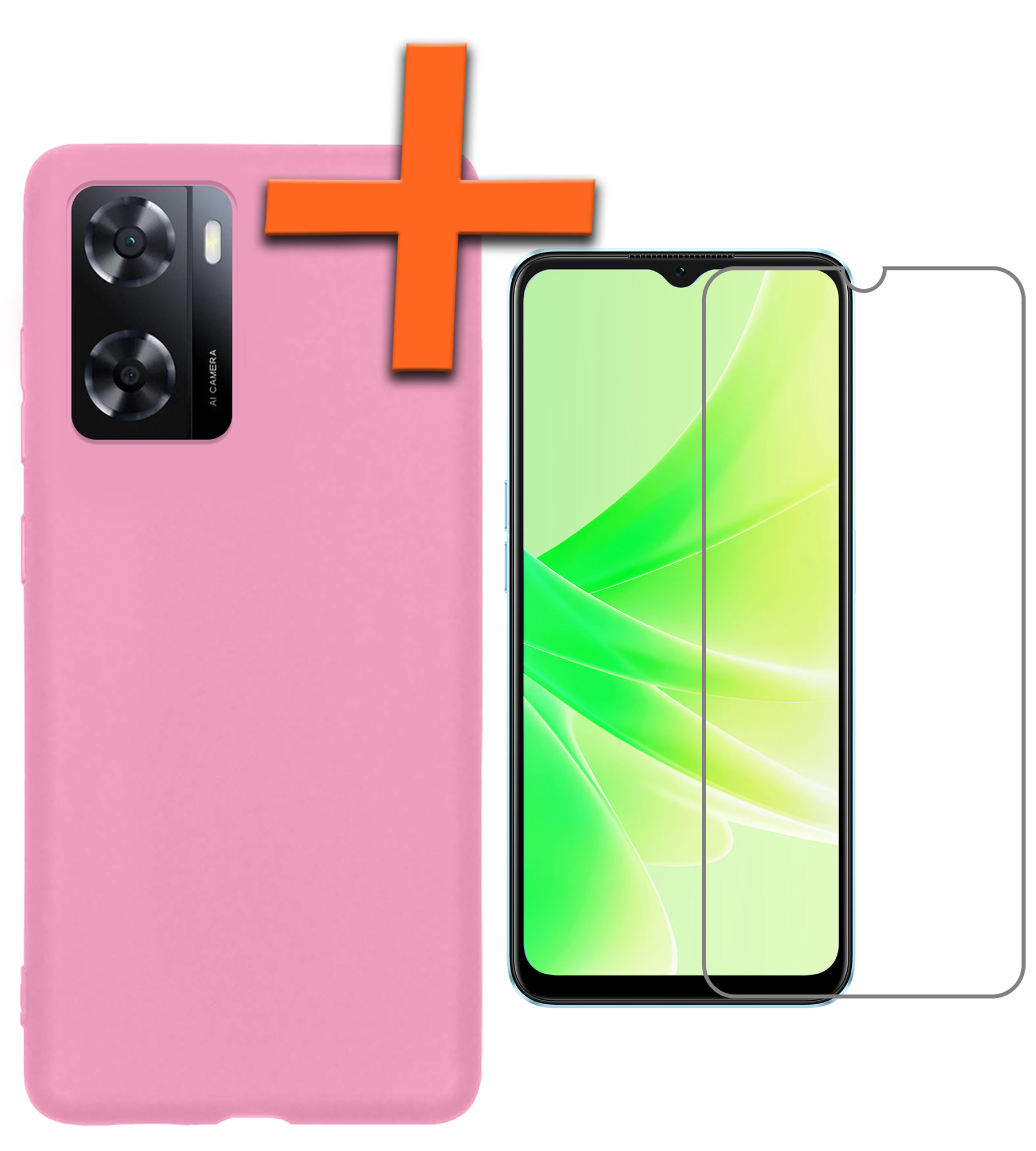 Nomfy Hoesje Geschikt voor OPPO A57s Hoesje Siliconen Cover Case Met Screenprotector - Hoes Geschikt voor OPPO A57s Hoes Back Case - Lichtroze