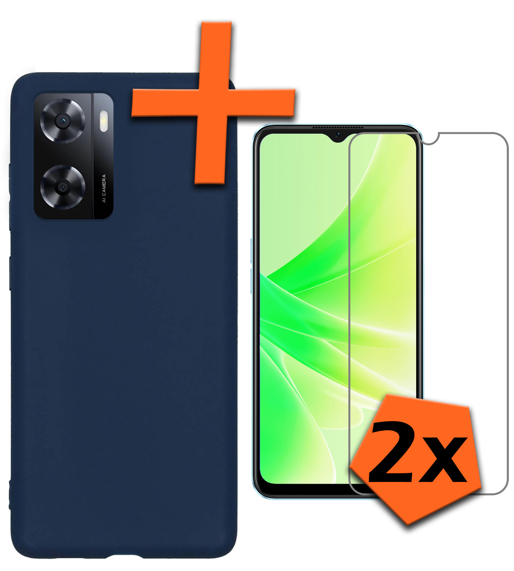 Nomfy Hoesje Geschikt voor OPPO A57s Hoesje Siliconen Cover Case Met 2x Screenprotector - Hoes Geschikt voor OPPO A57s Hoes Back Case - Donkerblauw