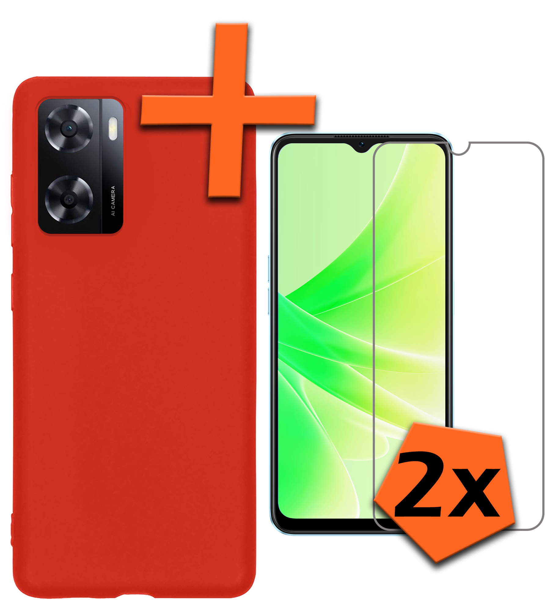 Nomfy Hoesje Geschikt voor OPPO A57s Hoesje Siliconen Cover Case Met 2x Screenprotector - Hoes Geschikt voor OPPO A57s Hoes Back Case - Rood