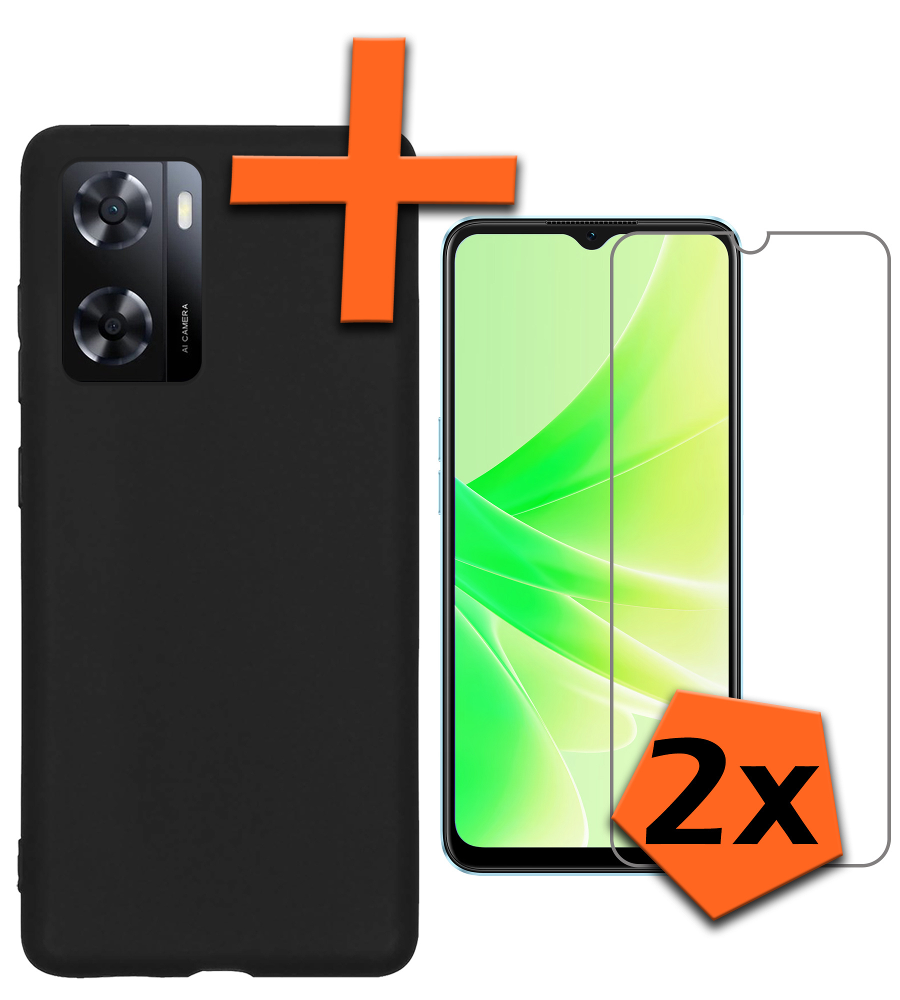 Nomfy Hoesje Geschikt voor OPPO A57s Hoesje Siliconen Cover Case Met 2x Screenprotector - Hoes Geschikt voor OPPO A57s Hoes Back Case - Zwart