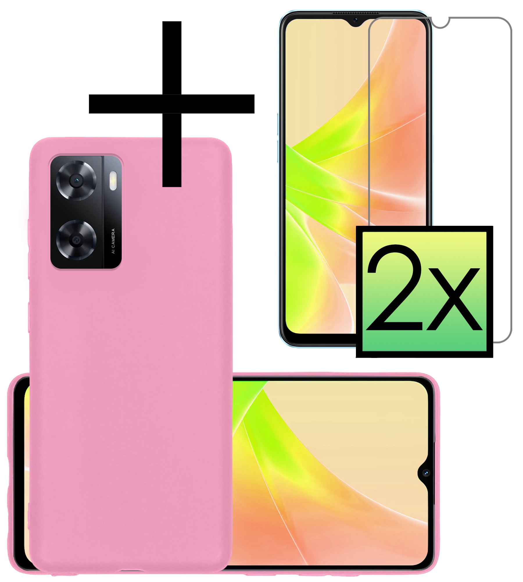 NoXx Hoes Geschikt voor OPPO A57s Hoesje Cover Siliconen Back Case Hoes Met 2x Screenprotector - Lichtroze