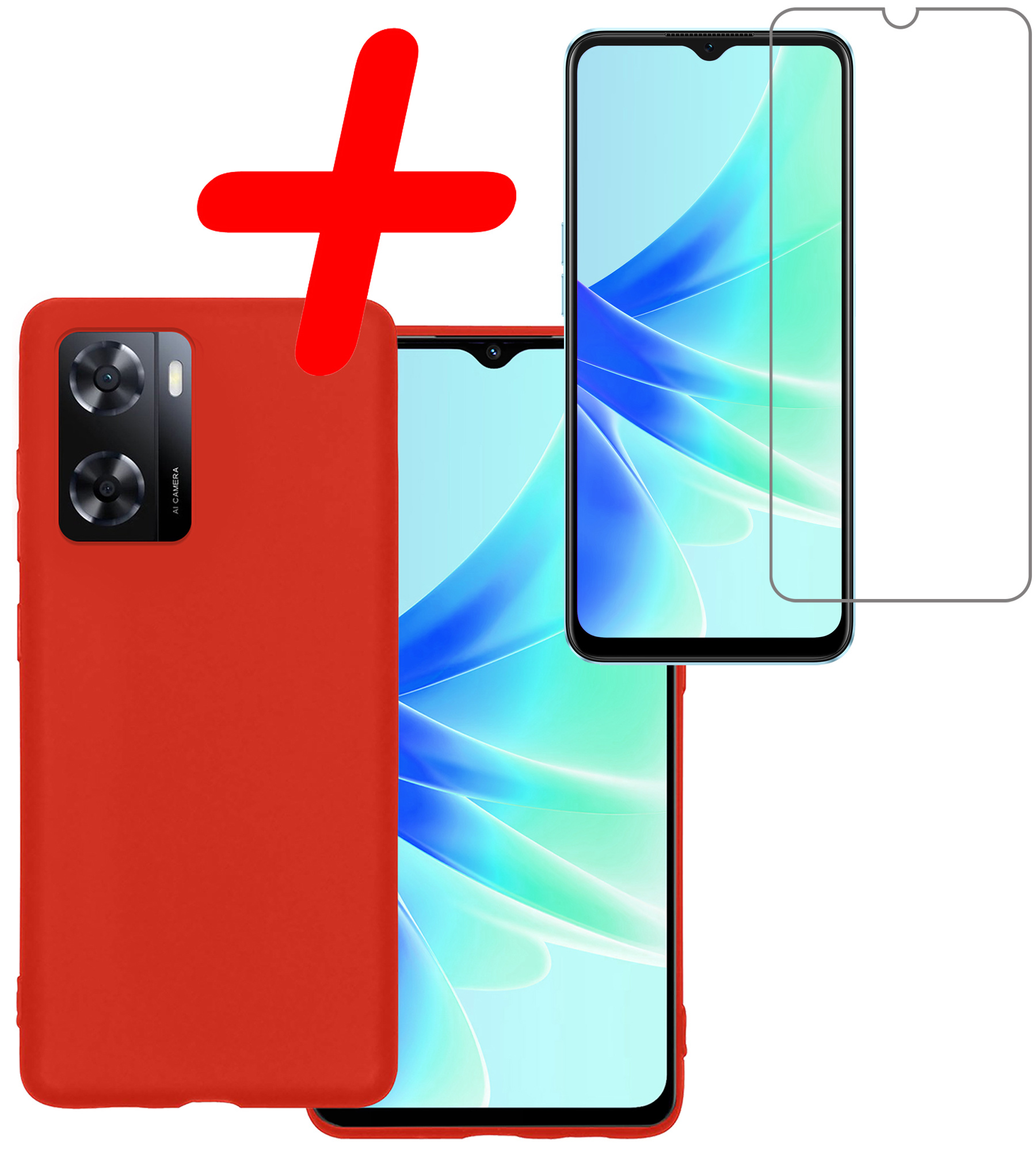 BASEY. Hoes Geschikt voor OPPO A57s Hoesje Siliconen Back Cover Case Met Screenprotector - Hoesje Geschikt voor OPPO A57s Hoes Cover Hoesje - Rood