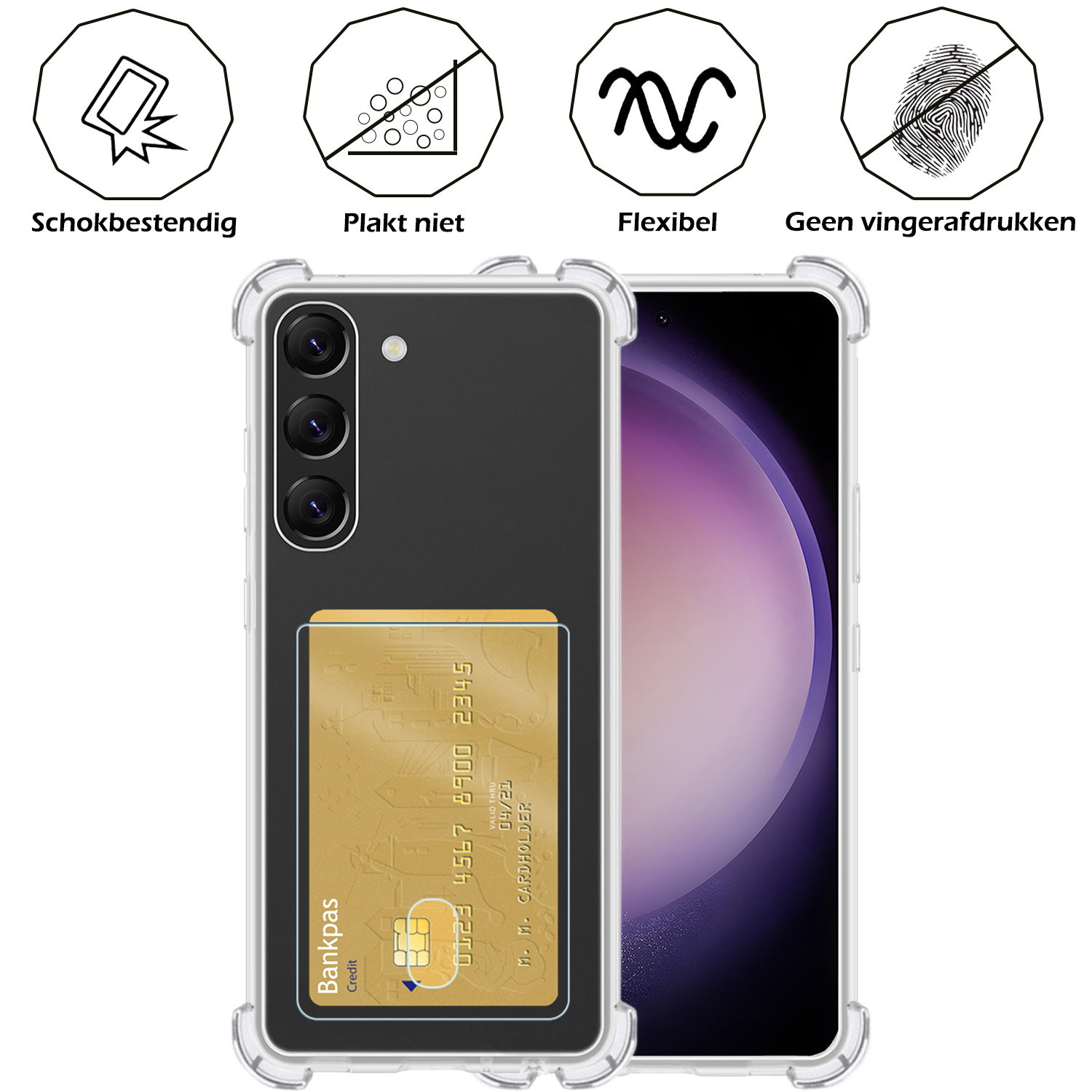 Nomfy Hoesje Geschikt voor Samsung S23 Hoesje Pasjeshouder Shockproof Pas Houder - Hoesje Geschikt voor Samsung Galaxy S23 Hoes Met Kaarthouder - Transparant - 2 PACK