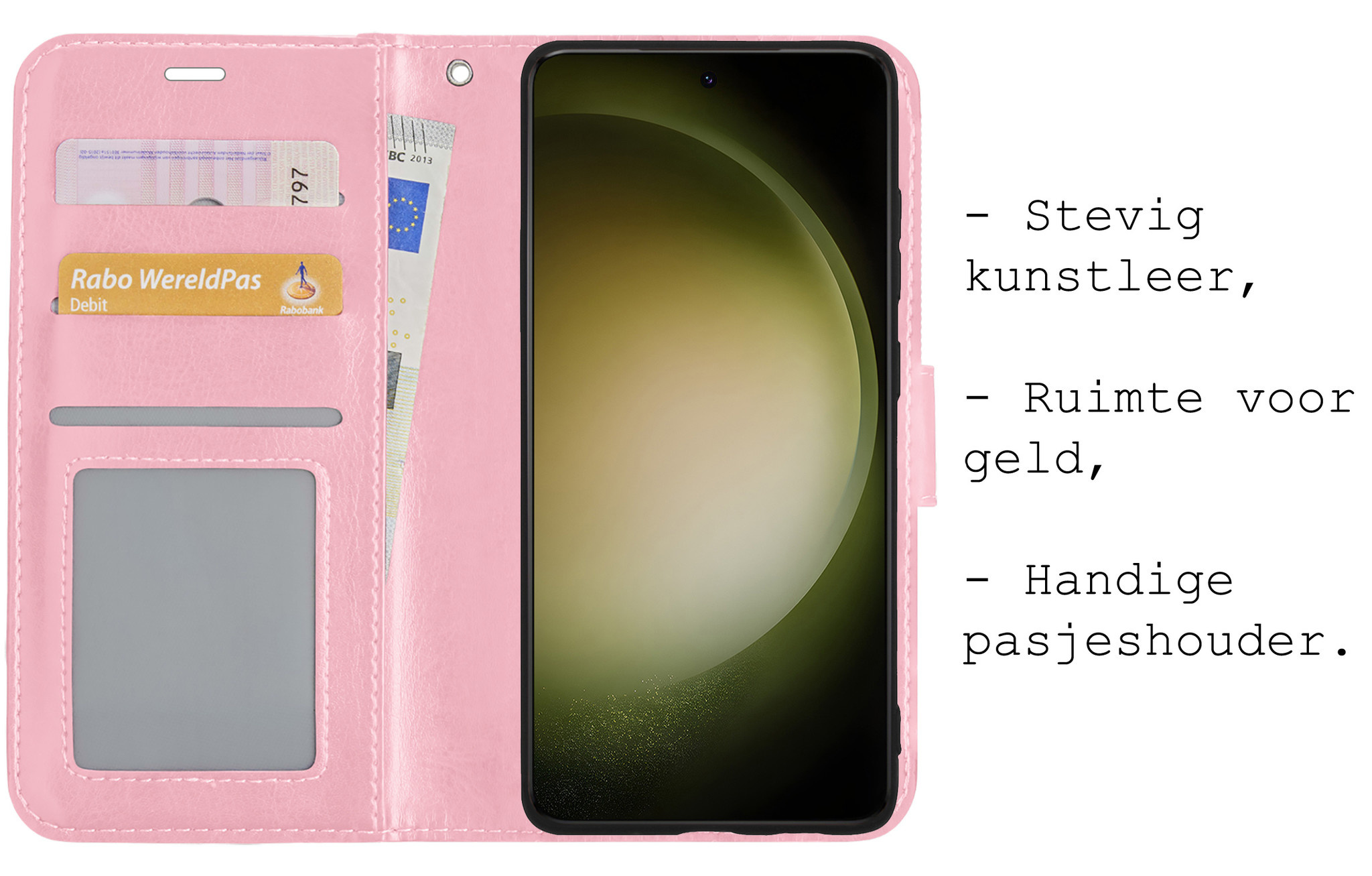 BASEY. Hoes Geschikt voor Samsung S23 Hoesje Bookcase Hoes Flip Case Book Cover Met Screenprotector - Hoesje Geschikt voor Samsung Galaxy S23 Hoes Book Case Hoesje - Lichtroze