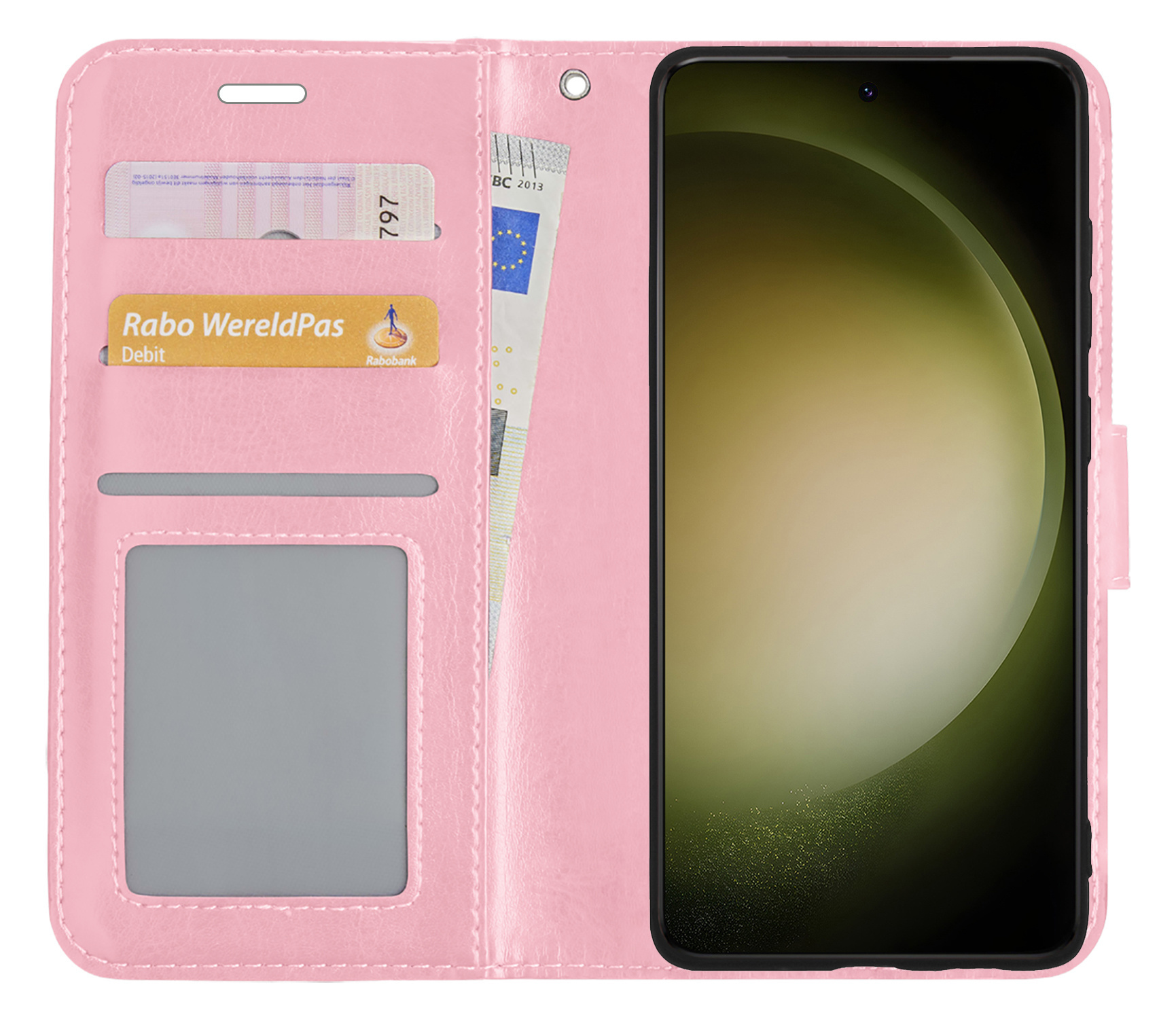 BASEY. Hoes Geschikt voor Samsung S23 Hoesje Bookcase Hoes Flip Case Book Cover Met Screenprotector - Hoesje Geschikt voor Samsung Galaxy S23 Hoes Book Case Hoesje - Lichtroze