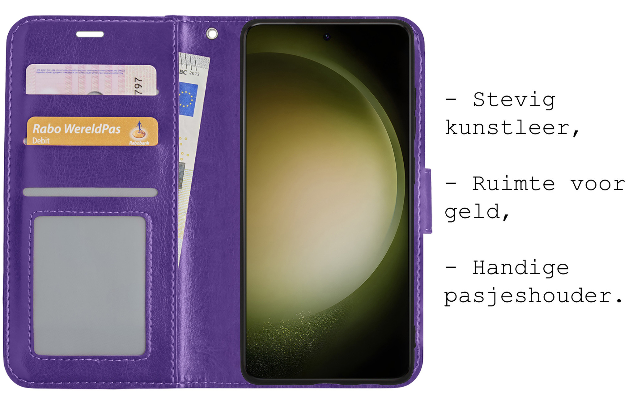 BASEY. Hoes Geschikt voor Samsung S23 Hoesje Bookcase Hoes Flip Case Book Cover Met 2x Screenprotector - Hoesje Geschikt voor Samsung Galaxy S23 Hoes Book Case Hoesje - Paars