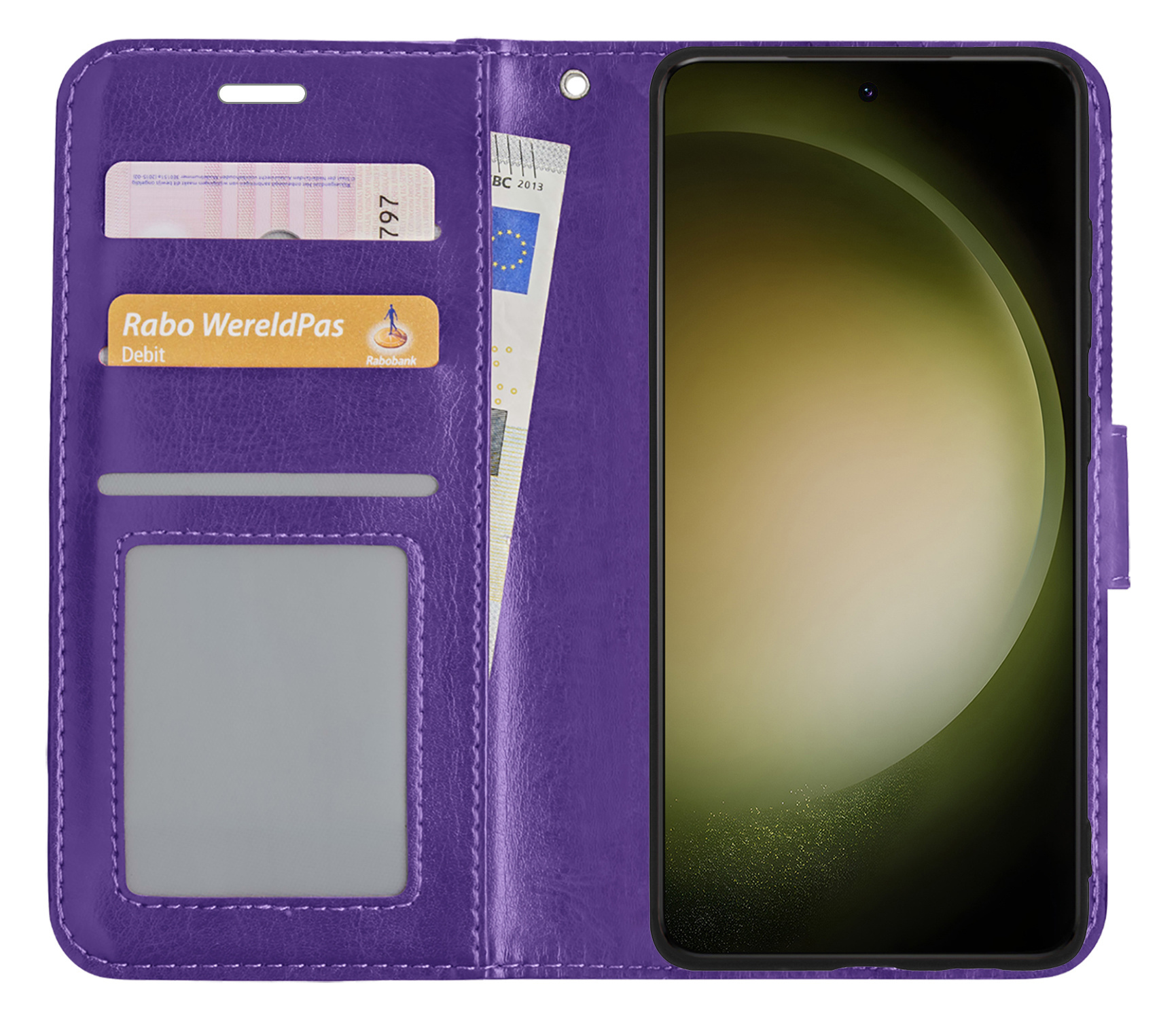 BASEY. Hoes Geschikt voor Samsung S23 Hoesje Bookcase Hoes Flip Case Book Cover Met 2x Screenprotector - Hoesje Geschikt voor Samsung Galaxy S23 Hoes Book Case Hoesje - Paars