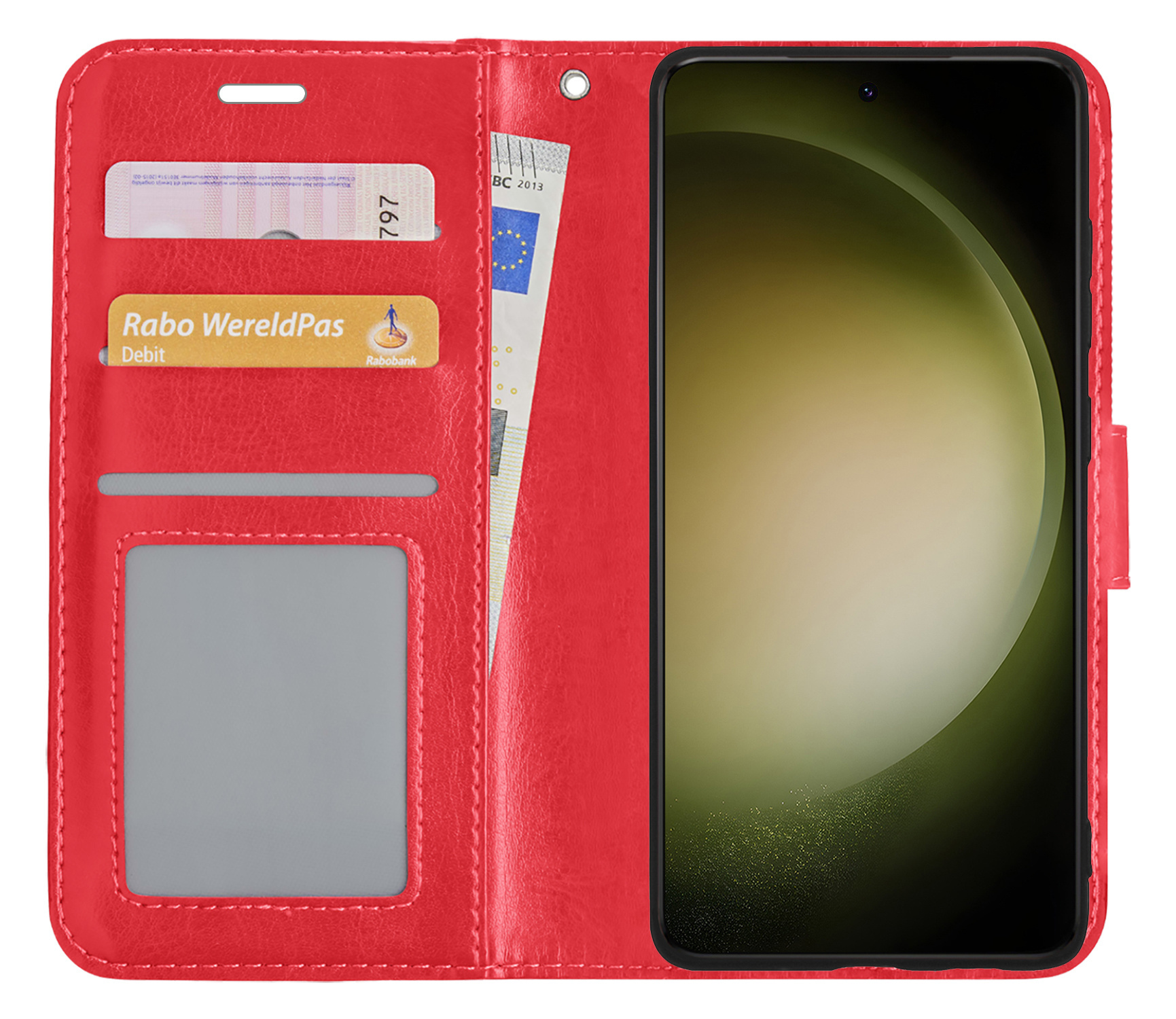 BASEY. Hoes Geschikt voor Samsung S23 Hoesje Bookcase Hoes Flip Case Book Cover Met 2x Screenprotector - Hoesje Geschikt voor Samsung Galaxy S23 Hoes Book Case Hoesje - Rood