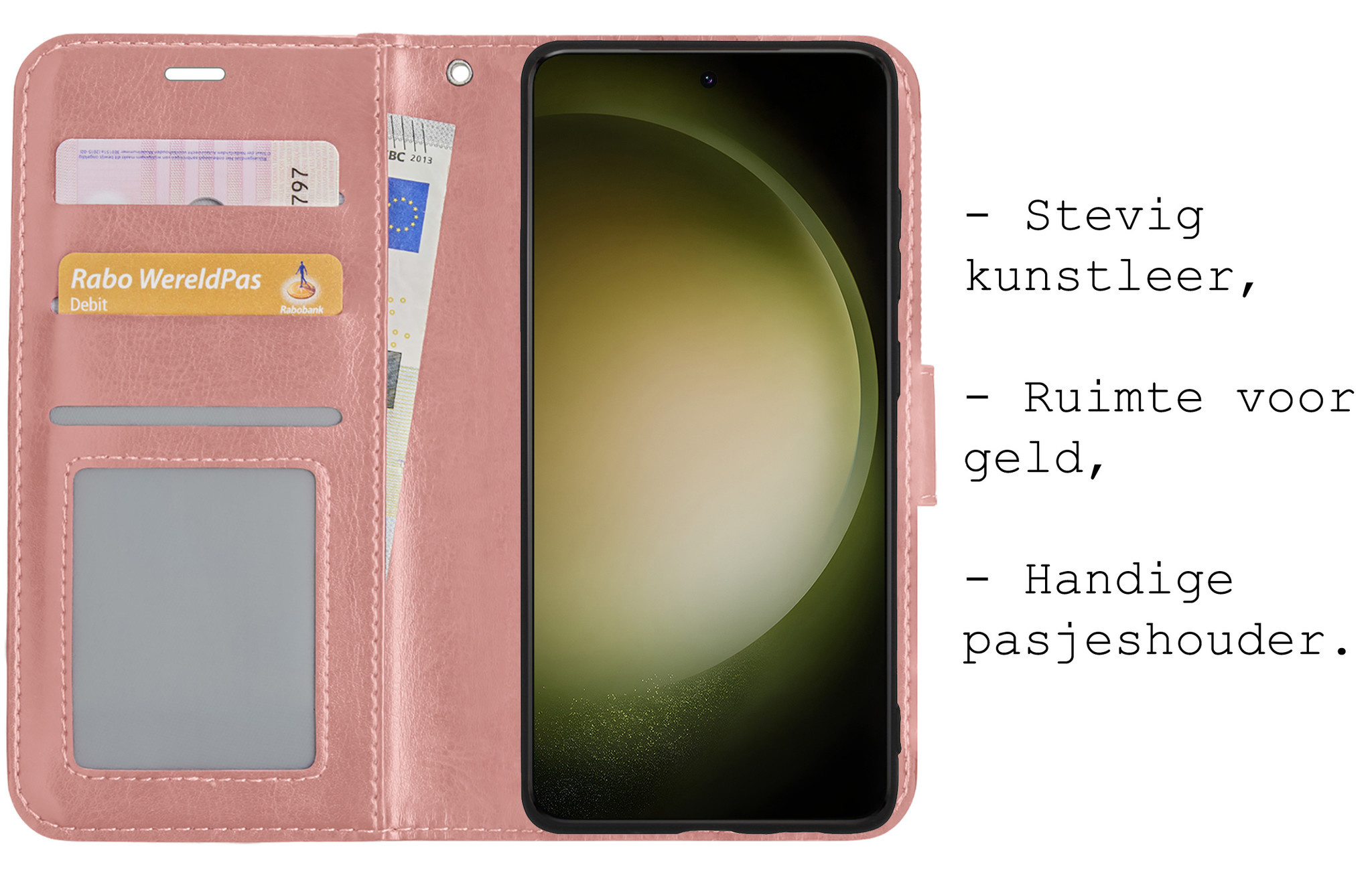 BASEY. Hoes Geschikt voor Samsung S23 Hoesje Bookcase Hoes Flip Case Book Cover Met 2x Screenprotector - Hoesje Geschikt voor Samsung Galaxy S23 Hoes Book Case Hoesje - Rosé goud