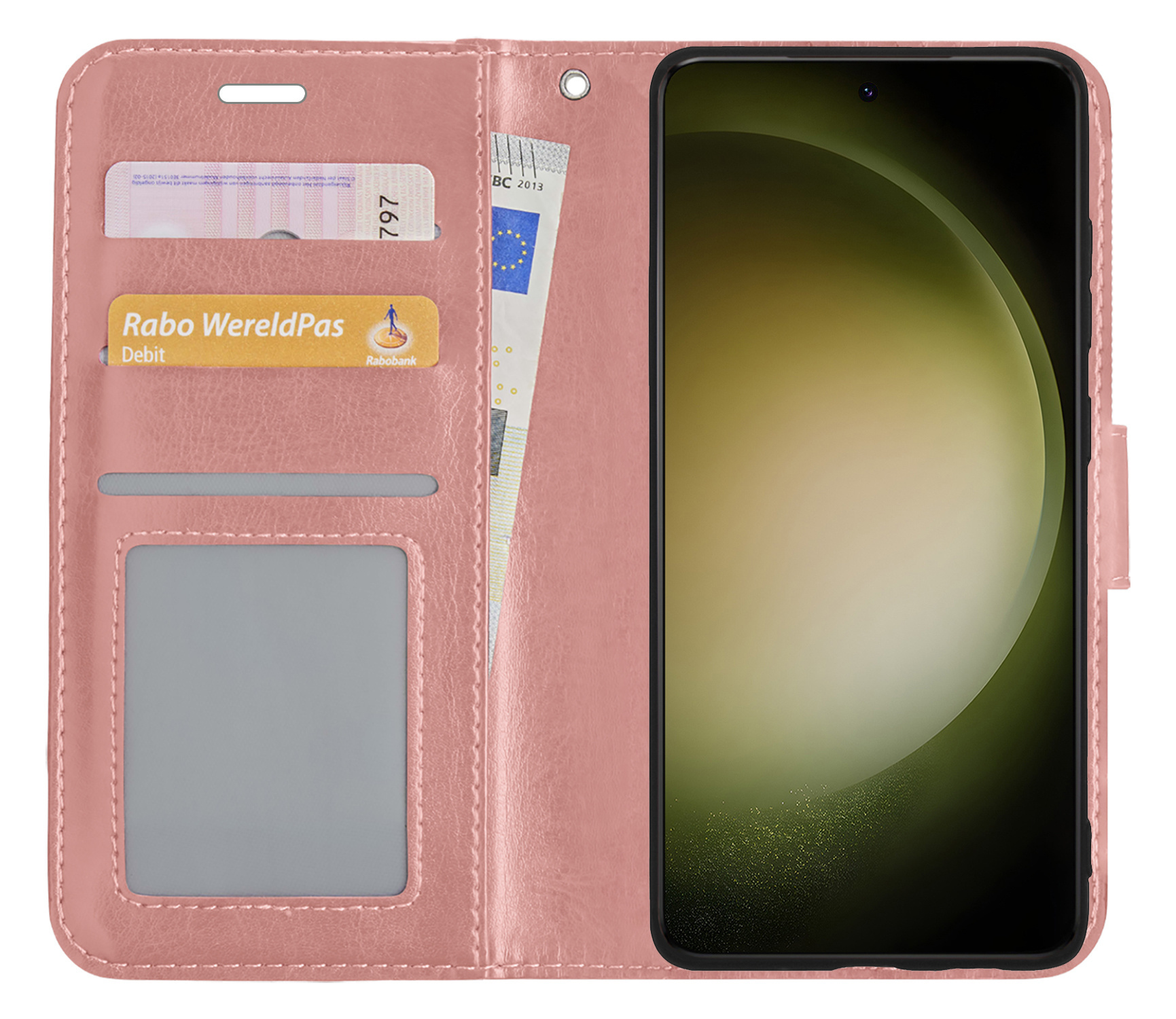 BASEY. Hoes Geschikt voor Samsung S23 Hoesje Bookcase Hoes Flip Case Book Cover Met 2x Screenprotector - Hoesje Geschikt voor Samsung Galaxy S23 Hoes Book Case Hoesje - Rosé goud