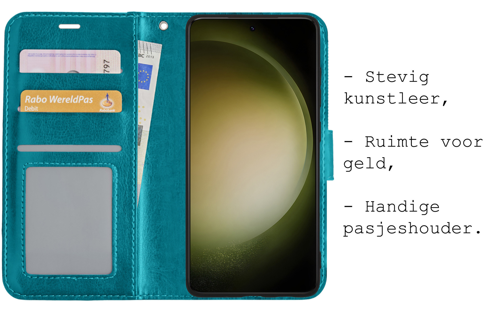 BASEY. Hoes Geschikt voor Samsung S23 Hoesje Bookcase Hoes Flip Case Book Cover Met 2x Screenprotector - Hoesje Geschikt voor Samsung Galaxy S23 Hoes Book Case Hoesje - Turquoise