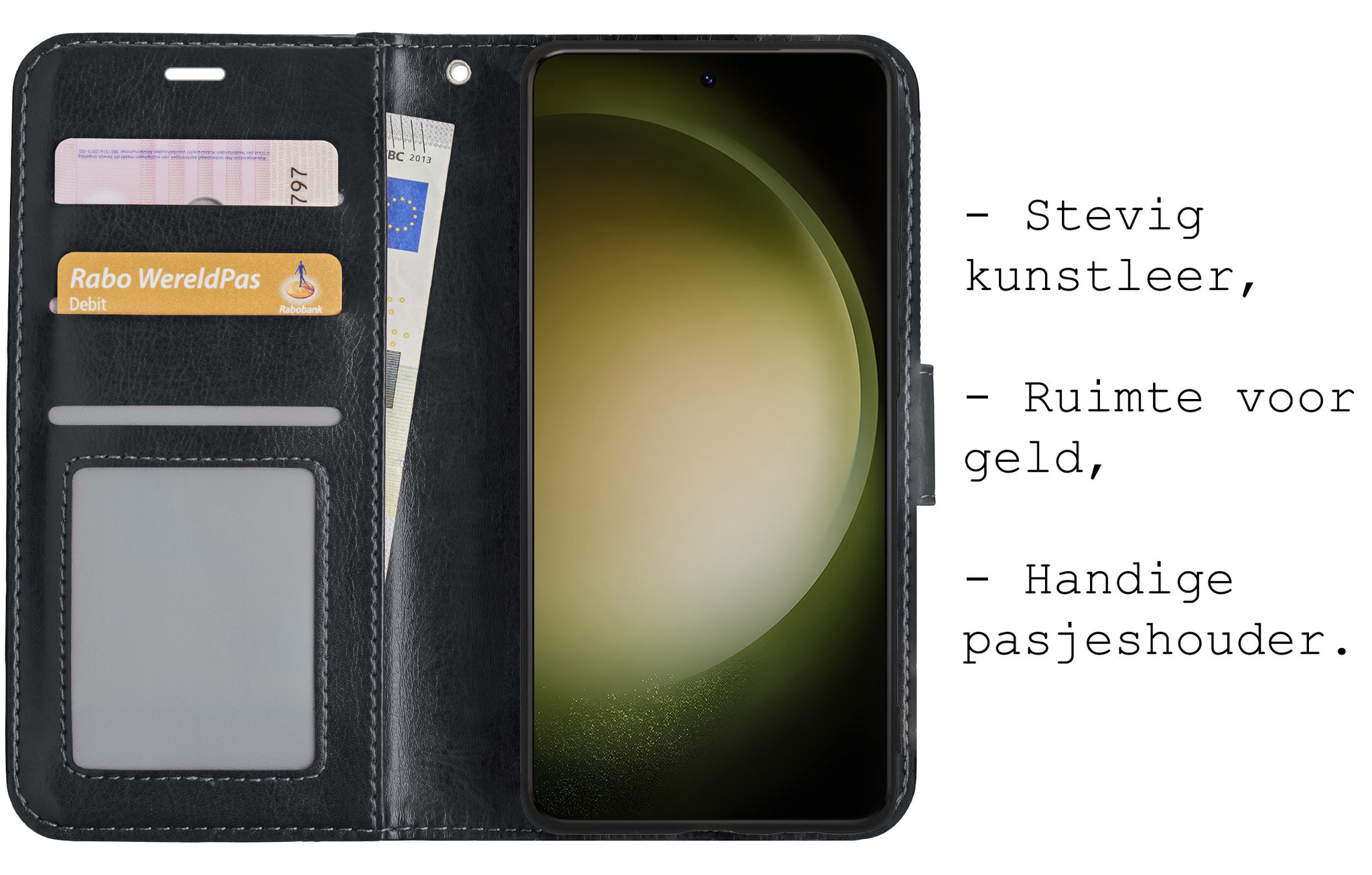 BASEY. Hoes Geschikt voor Samsung S23 Hoesje Bookcase Hoes Flip Case Book Cover Met 2x Screenprotector - Hoesje Geschikt voor Samsung Galaxy S23 Hoes Book Case Hoesje - Zwart