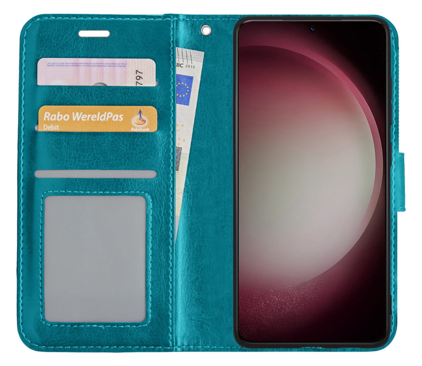 NoXx Hoes Geschikt voor Samsung S23 Hoesje Book Case Hoes Flip Cover Wallet Bookcase Met Screenprotector - Turquoise