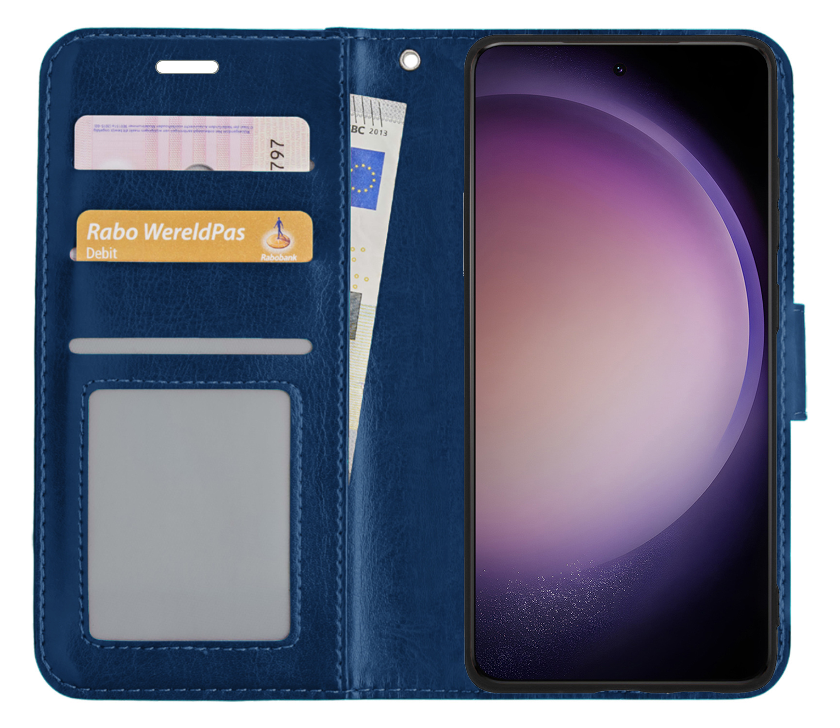 Nomfy Hoesje Geschikt voor Samsung S23 Hoes Bookcase Flipcase Book Cover Met 2x Screenprotector - Hoes Geschikt voor Samsung Galaxy S23 Hoesje Book Case - Donkerblauw