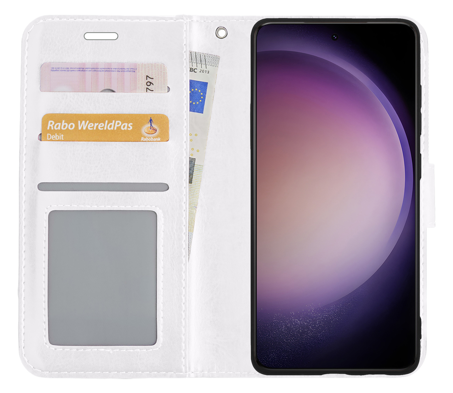 Nomfy Hoesje Geschikt voor Samsung S23 Hoes Bookcase Flipcase Book Cover Met 2x Screenprotector - Hoes Geschikt voor Samsung Galaxy S23 Hoesje Book Case - Wit