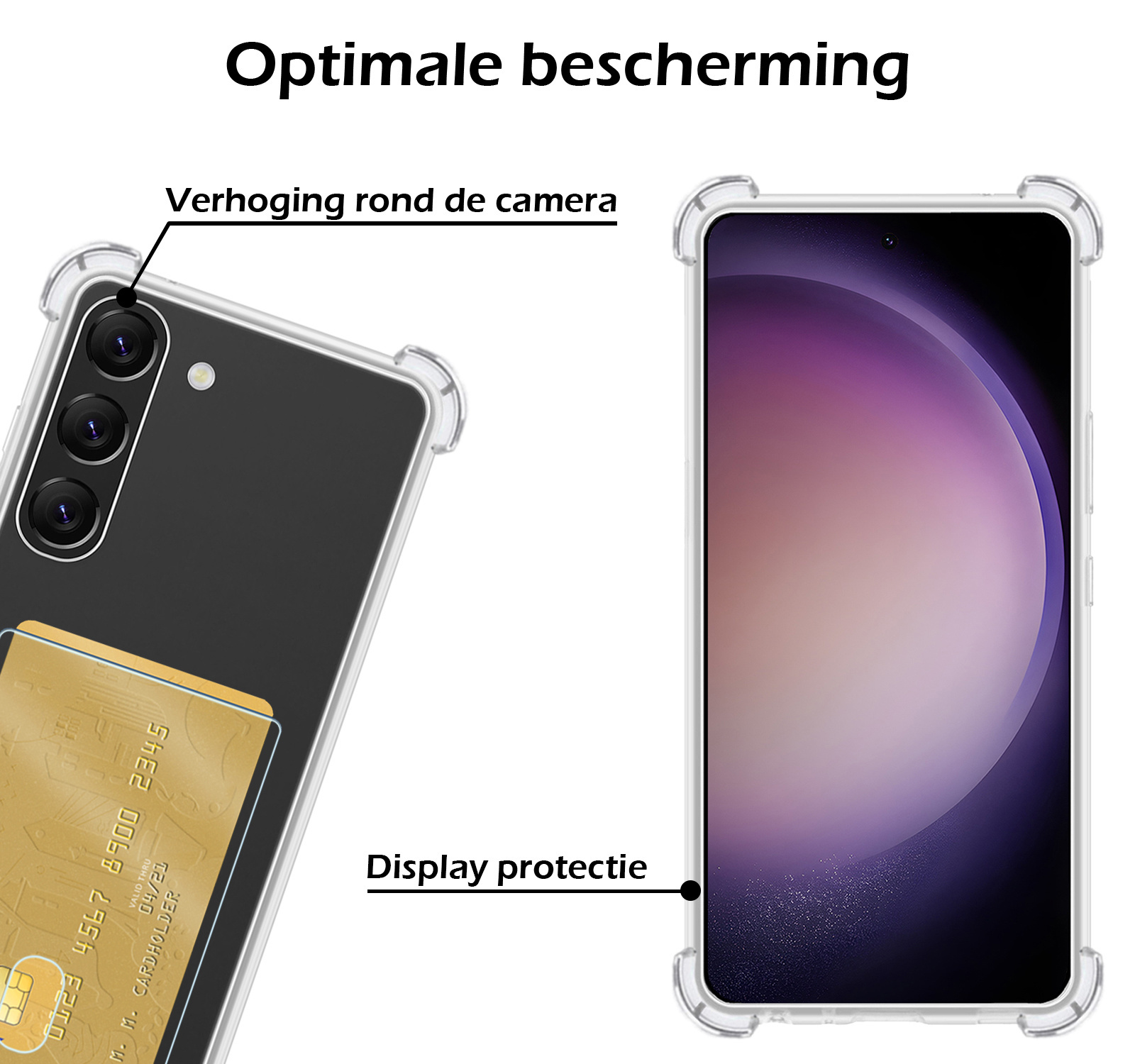 Nomfy Hoesje Geschikt voor Samsung S23 Hoesje Pasjeshouder Shockproof Pas Houder Met Screenprotector - Hoesje Geschikt voor Samsung Galaxy S23 Hoes Met Kaarthouder - Transparant