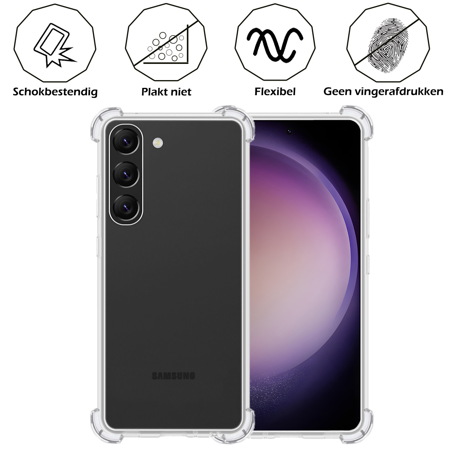 Nomfy Hoesje Geschikt voor Samsung S23 Hoesje Shock Proof Cover Case Shockproof Met 2x Screenprotector - Hoes Geschikt voor Samsung Galaxy S23 Hoes Siliconen Back Case - Transparant