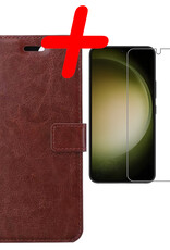BASEY. Hoes Geschikt voor Samsung S23 Hoesje Bookcase Hoes Flip Case Book Cover Met Screenprotector - Hoesje Geschikt voor Samsung Galaxy S23 Hoes Book Case Hoesje - Bruin