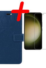 BASEY. Hoes Geschikt voor Samsung S23 Hoesje Bookcase Hoes Flip Case Book Cover Met Screenprotector - Hoesje Geschikt voor Samsung Galaxy S23 Hoes Book Case Hoesje - Donkerblauw