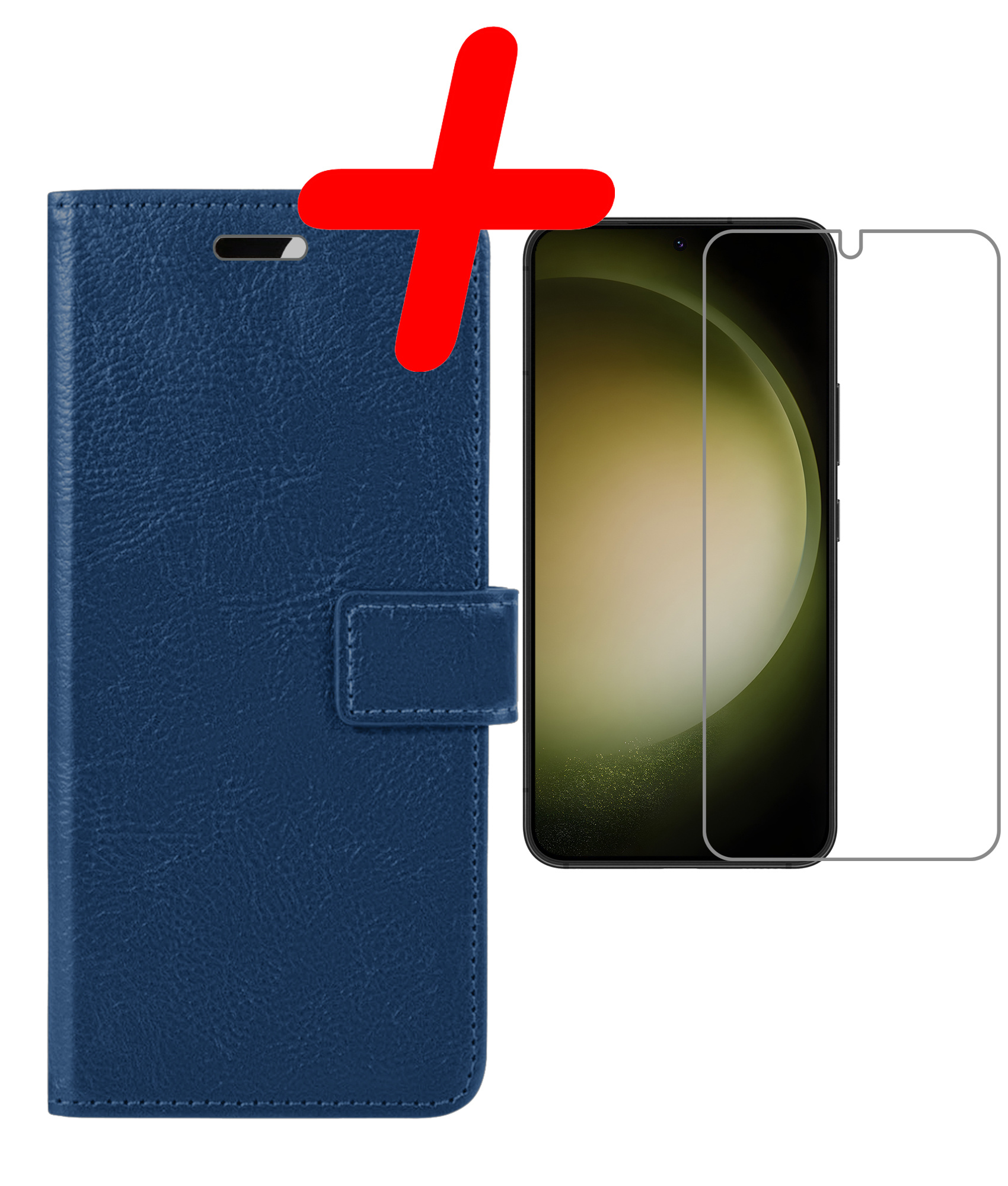 BASEY. Hoes Geschikt voor Samsung S23 Hoesje Bookcase Hoes Flip Case Book Cover Met Screenprotector - Hoesje Geschikt voor Samsung Galaxy S23 Hoes Book Case Hoesje - Donkerblauw