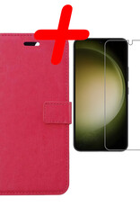 BASEY. Hoes Geschikt voor Samsung S23 Hoesje Bookcase Hoes Flip Case Book Cover Met Screenprotector - Hoesje Geschikt voor Samsung Galaxy S23 Hoes Book Case Hoesje - Donkerroze