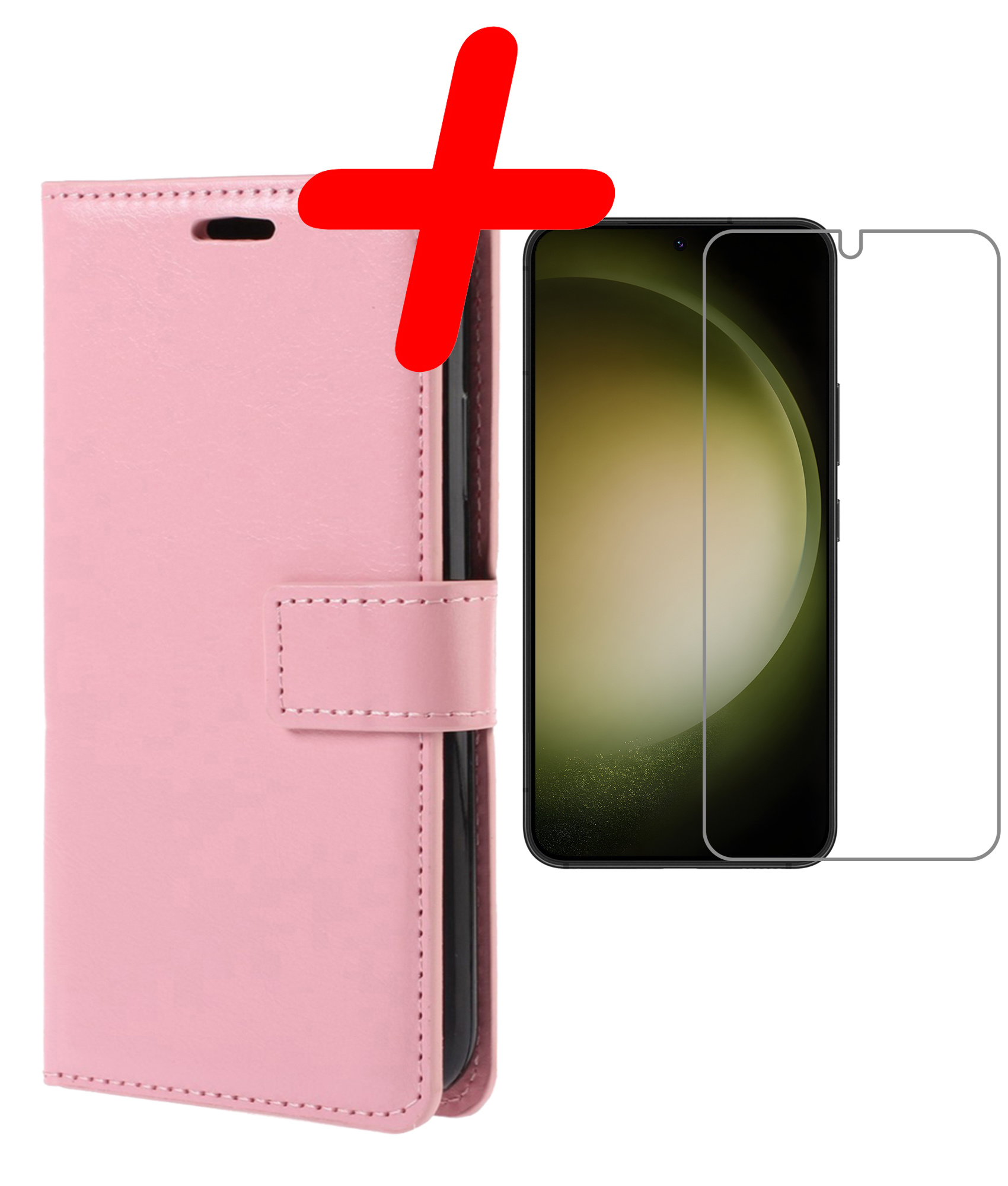 BASEY. Hoes Geschikt voor Samsung S23 Hoesje Bookcase Hoes Flip Case Book Cover Met Screenprotector - Hoesje Geschikt voor Samsung Galaxy S23 Hoes Book Case Hoesje - Lichtroze