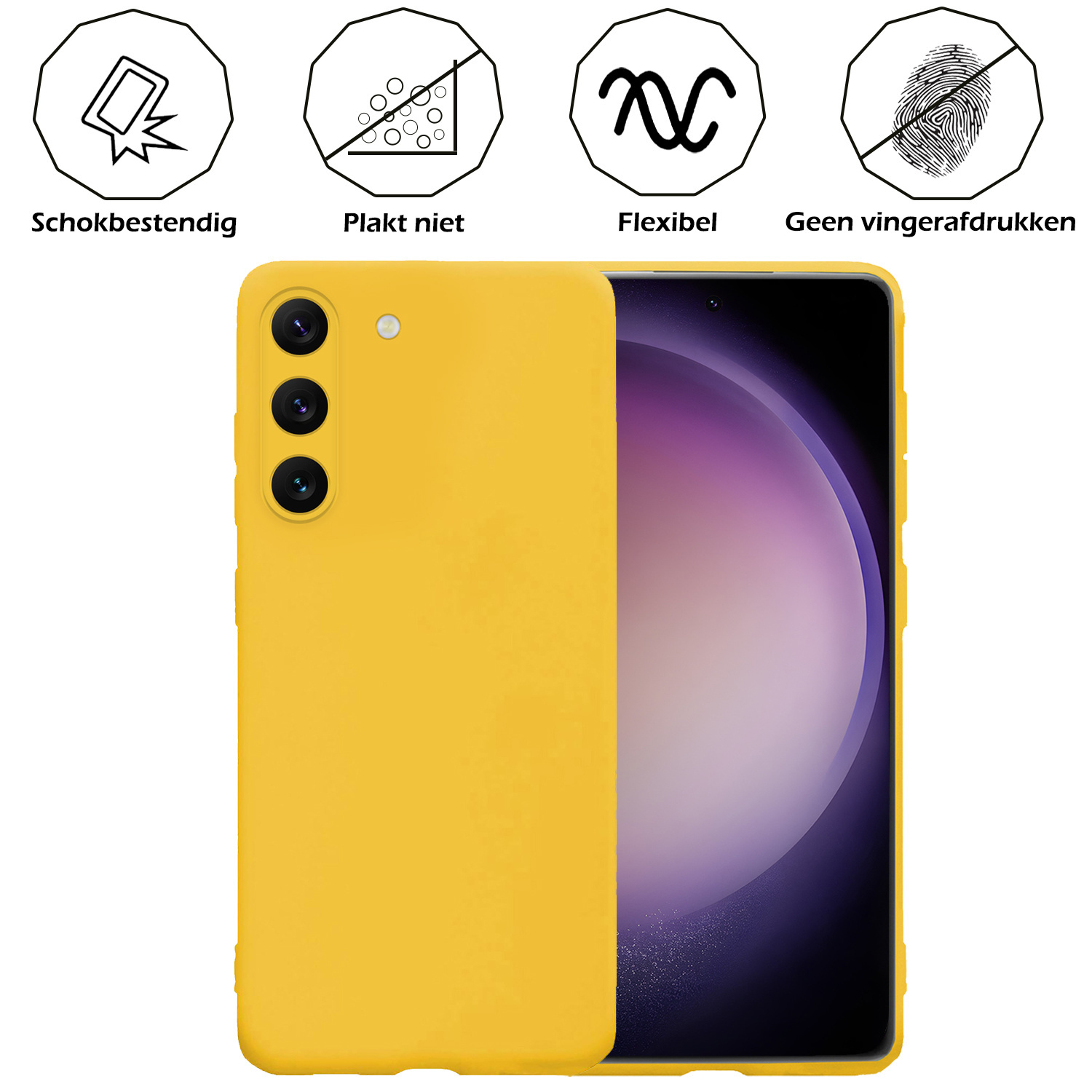 Nomfy Hoesje Geschikt voor Samsung S23 Hoesje Siliconen Cover Case Met 2x Screenprotector - Hoes Geschikt voor Samsung Galaxy S23 Hoes Back Case - Geel