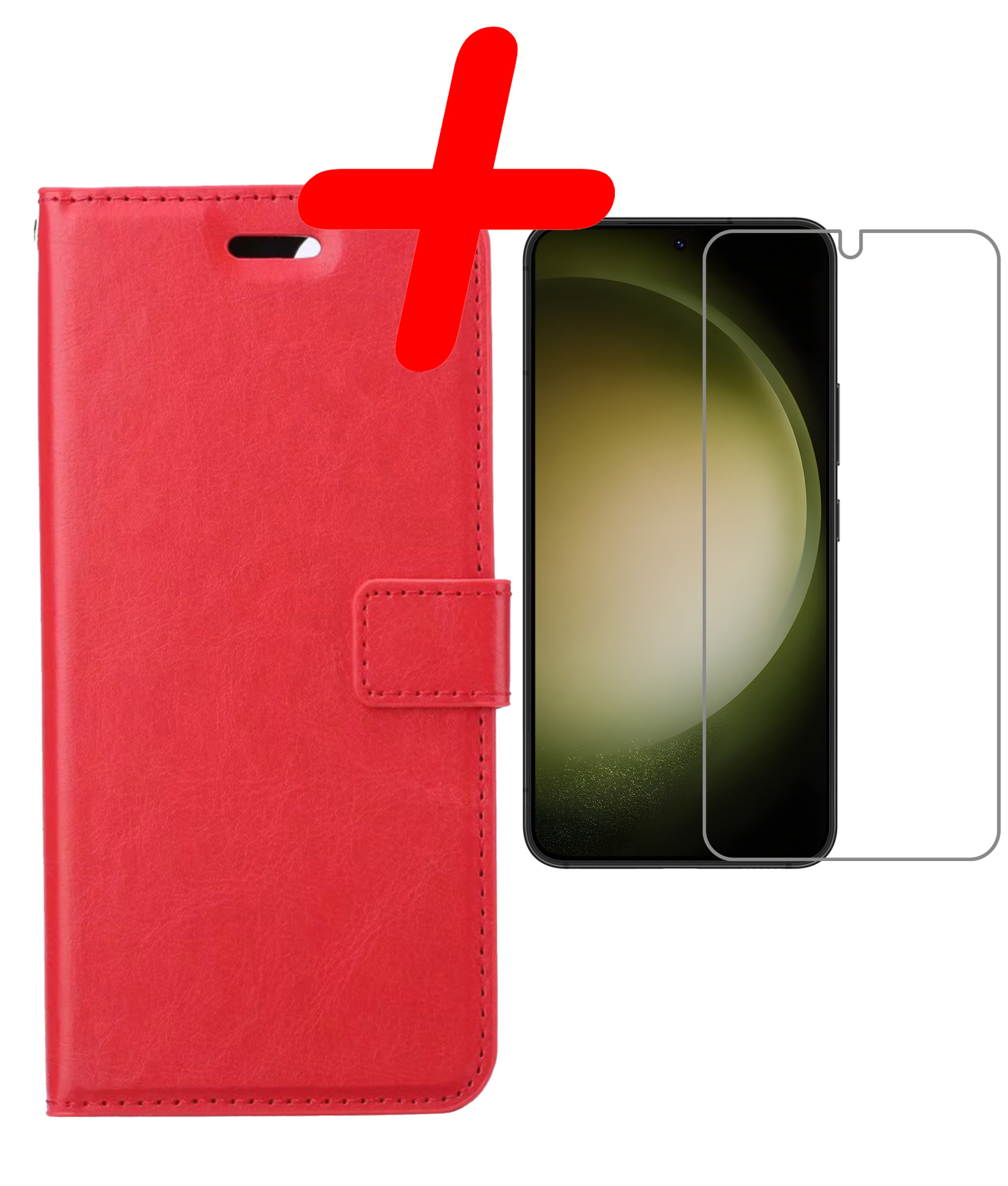 BASEY. Hoes Geschikt voor Samsung S23 Hoesje Bookcase Hoes Flip Case Book Cover Met Screenprotector - Hoesje Geschikt voor Samsung Galaxy S23 Hoes Book Case Hoesje - Rood