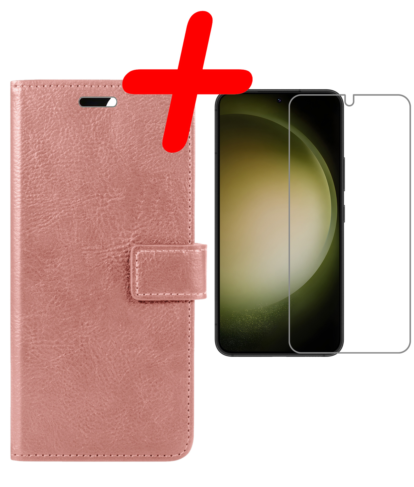 BASEY. Hoes Geschikt voor Samsung S23 Hoesje Bookcase Hoes Flip Case Book Cover Met Screenprotector - Hoesje Geschikt voor Samsung Galaxy S23 Hoes Book Case Hoesje - Rosé goud