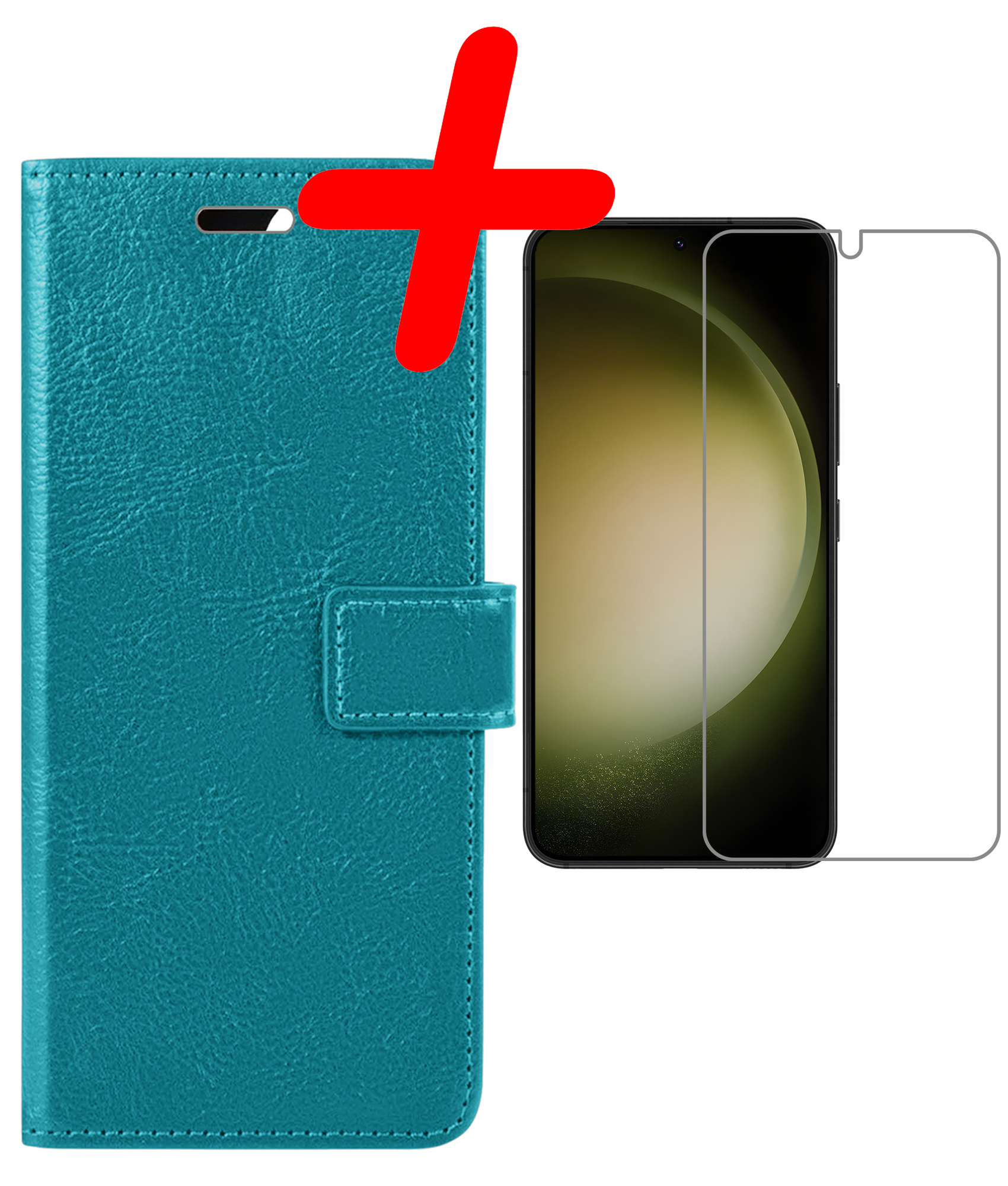 BASEY. Hoes Geschikt voor Samsung S23 Hoesje Bookcase Hoes Flip Case Book Cover Met Screenprotector - Hoesje Geschikt voor Samsung Galaxy S23 Hoes Book Case Hoesje - Turquoise