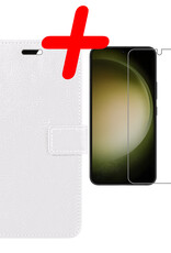 BASEY. Hoes Geschikt voor Samsung S23 Hoesje Bookcase Hoes Flip Case Book Cover Met Screenprotector - Hoesje Geschikt voor Samsung Galaxy S23 Hoes Book Case Hoesje - Wit